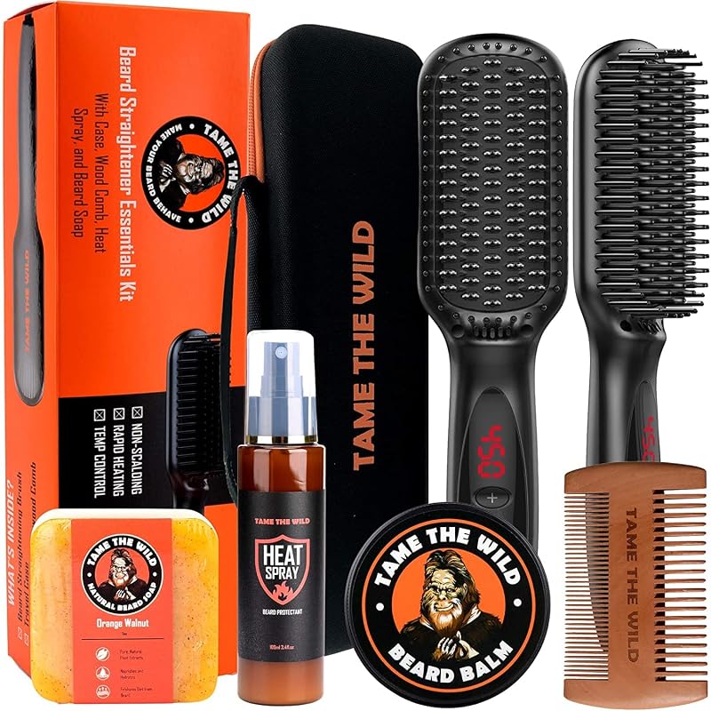 Kit de cuidados para barba TAME THE WILD MAKE YOUR BEARD BEHAVE com escova térmica, bálsamo, sabonete e pente