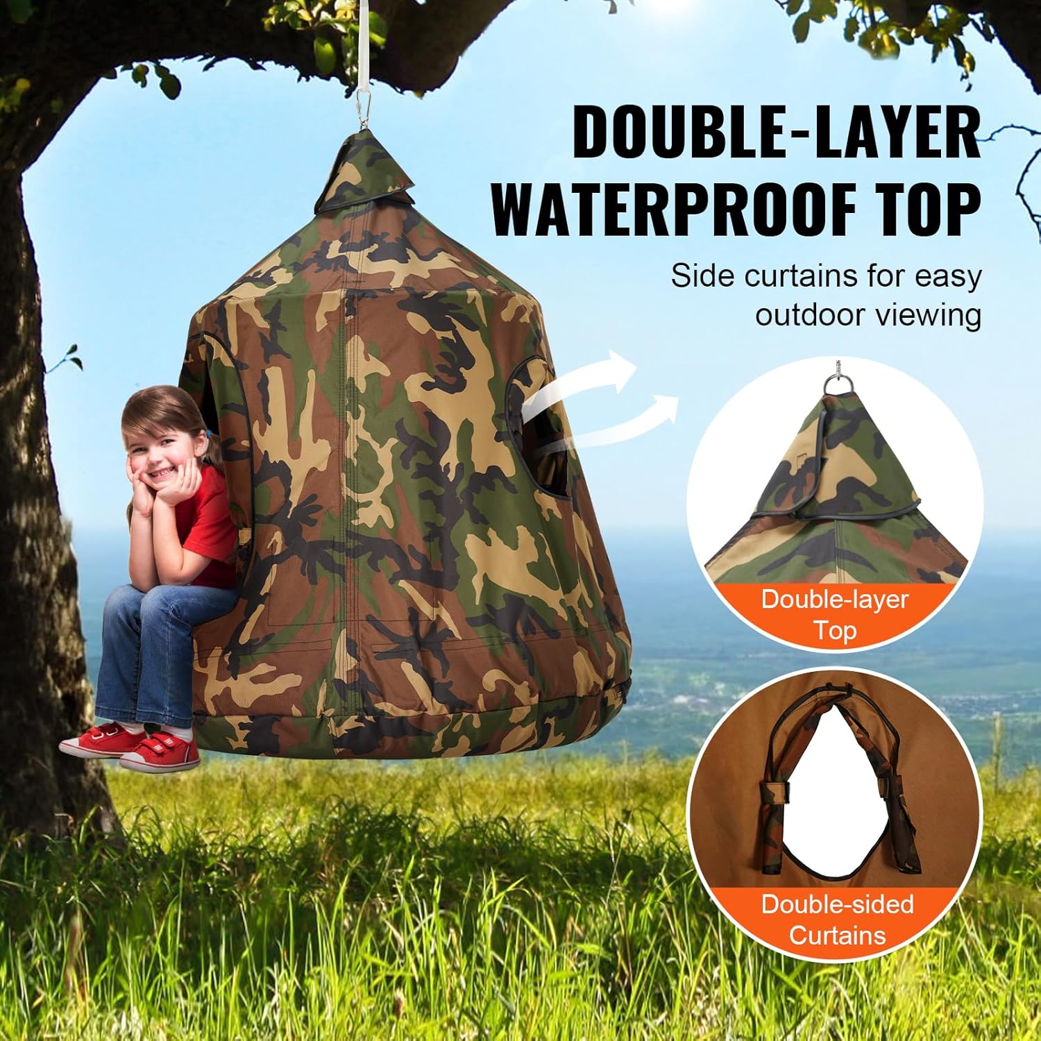 Image illustrating the double-layer waterproof top of the VEVOR Hanging Tree Tent, with side curtains that can be opened for airflow and outdoor viewing, and a detailed inset showing the double-sided curtains.