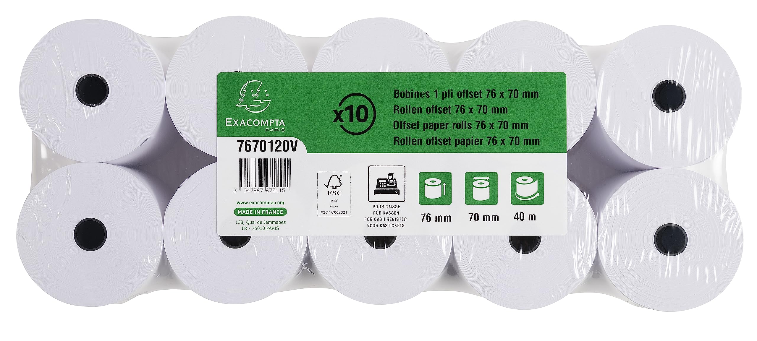 Exacompta Bobinas para Cajas, pack de 50, 1 Capa Blanca, 60 g / m2 , 76 x 70 x 12 mm, 44 m