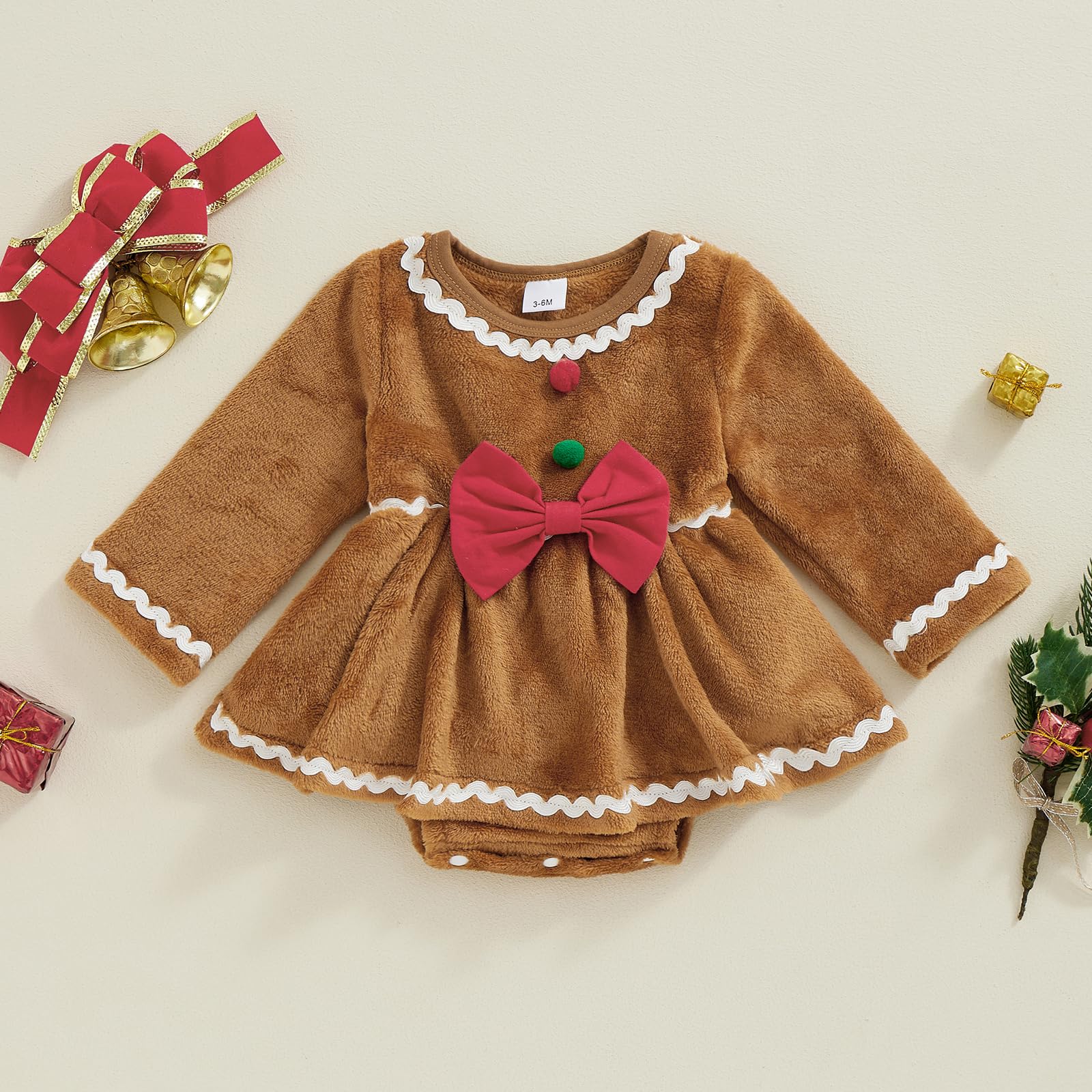 Shejingb Baby Girl Christmas Outfit Newborn Gingerbread Romper Dress Fleece Princess Christmas Dresses Fall Winter Clothes (Brown Gingerbread, 3-6 Months)