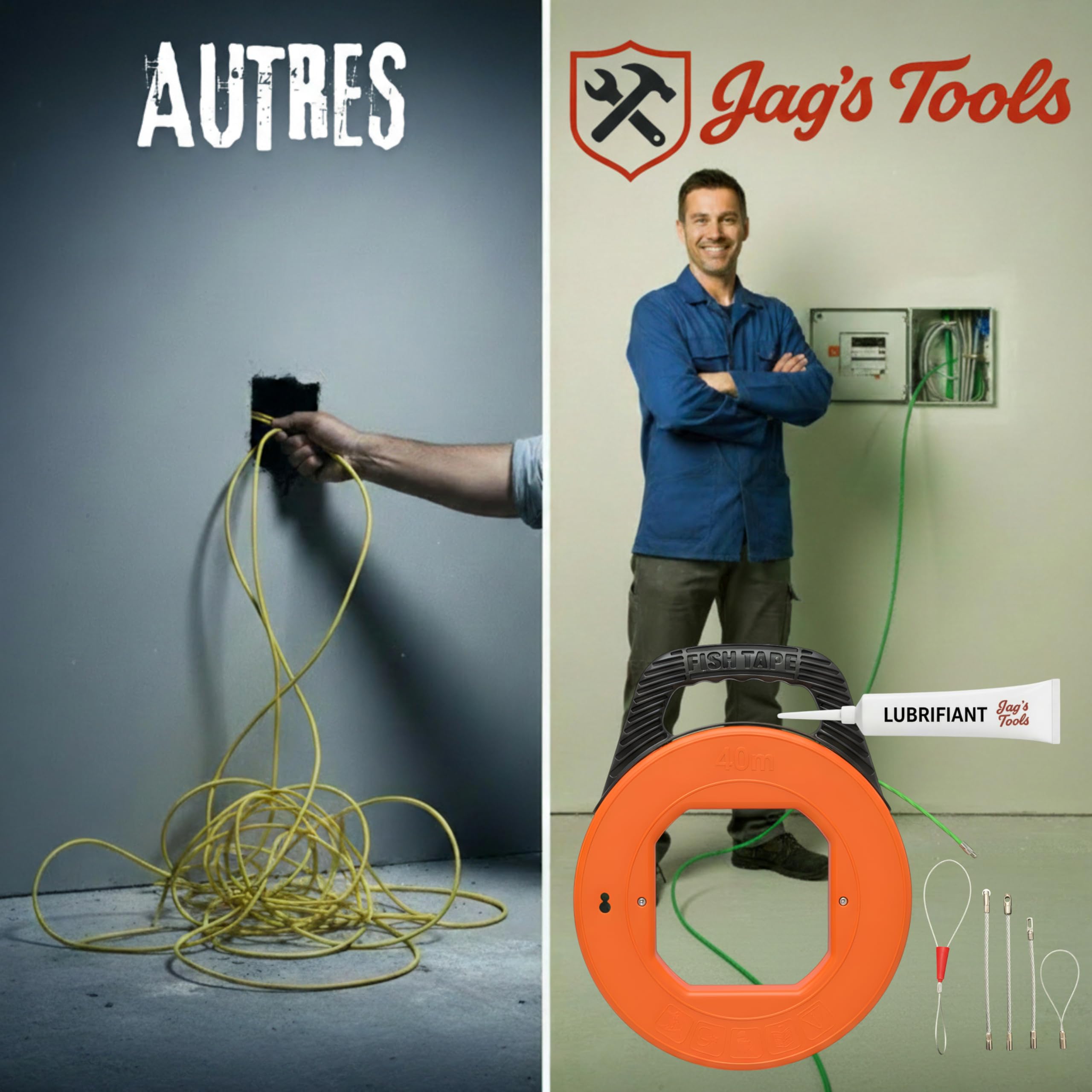 Jag's Tools Aiguille Tire-Fil Électricien 40m avec Gel Lubrifiant