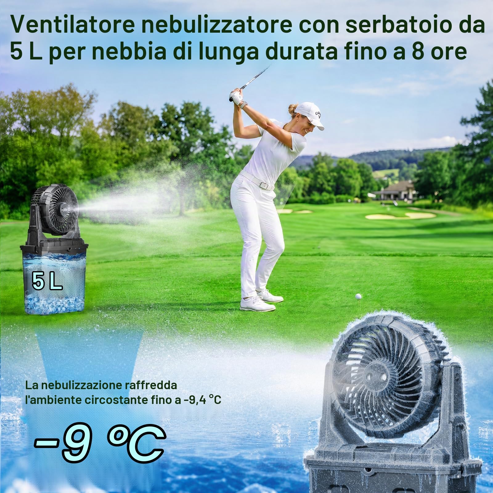 Ausic 1,35 L Ventilatore Nebulizzatore Portatile, Ventilatori per Esterni per Patii, [Massimo 30H] Ventilatore Ricaricabile a Batteria, Nebulizzatore con Secchio per Raffreddamento Acqua per Campeggio
