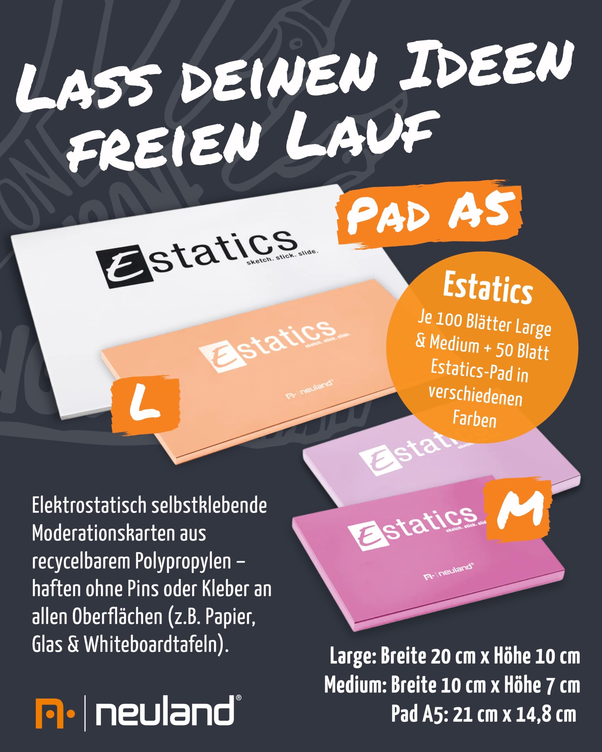 Neuland Estatics Ideenkarten-Set I Schwarze Permanentmarker No.One Estatics Keilspitze & FineOne Estatic Rundspitze I Inkl. Moderationskarten je 100 Blätter Large & Medium & 50 Blatt Estatics-Pad