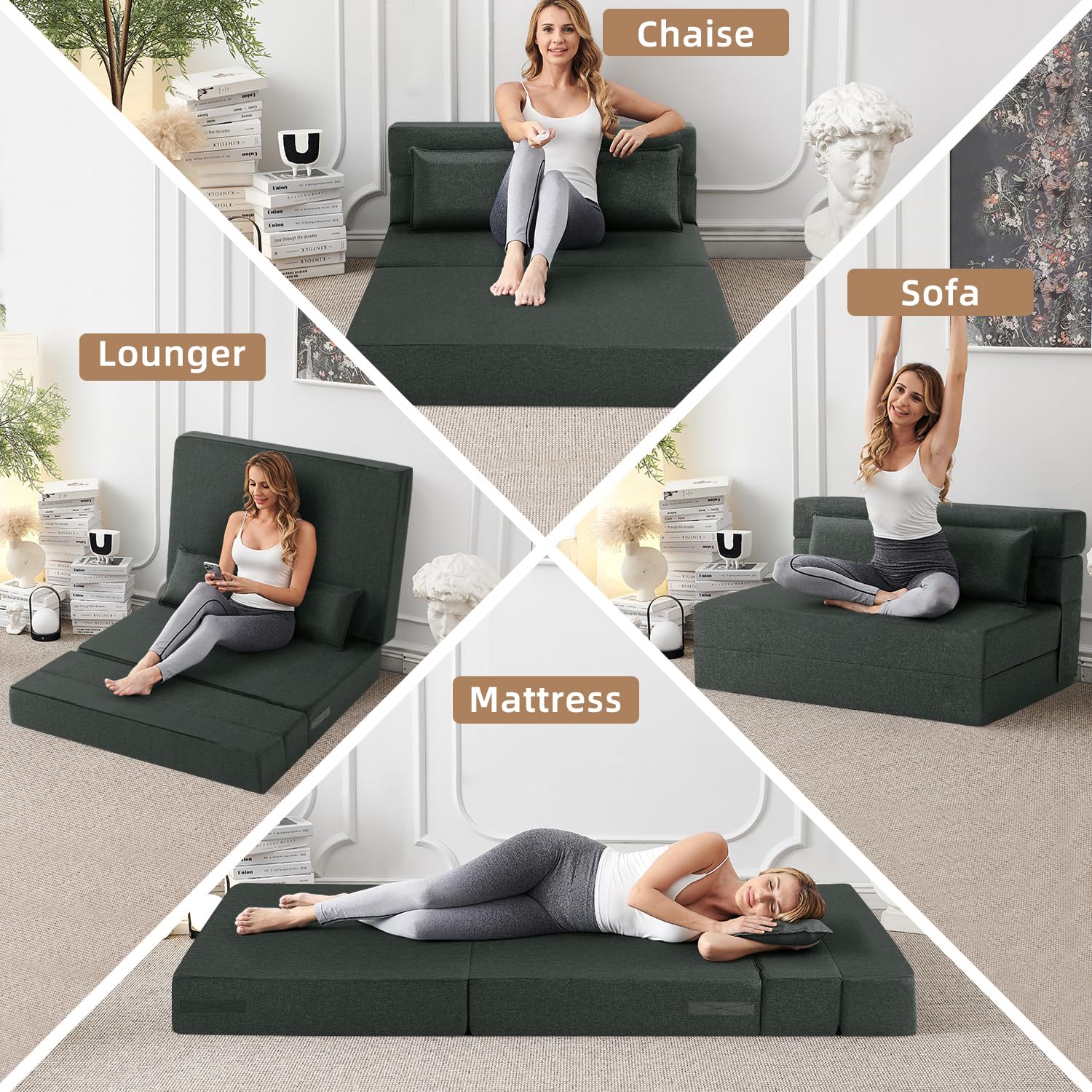 FILUXE Convertible Folding Sofa Bed - Sleeper Chair with Pillow, Modern Linen Fabric Floor & Futon Couch, Foldable Mattress for Living Room/Dorm/Guest Use/Home Office/Apartment, Queen Size, Dark Gray: Dark Gray Queen