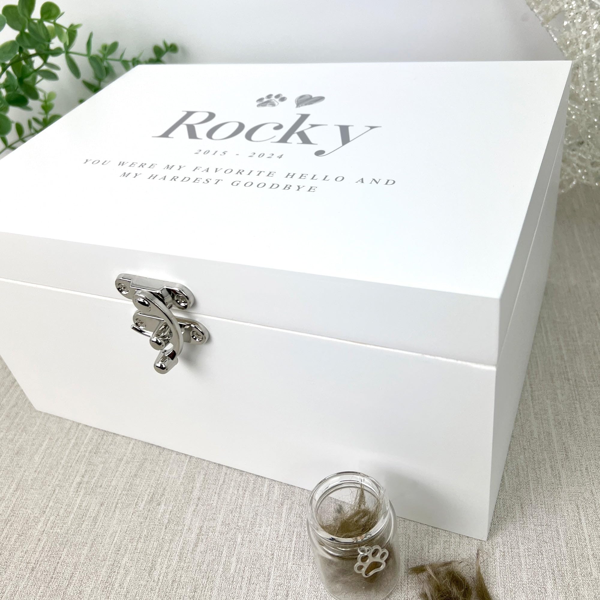 Caja de recuerdo de madera blanca personalizada para mascotas | Regalo de condolencias por la pérdida de mascotas | 27 x 19 x 14 cm