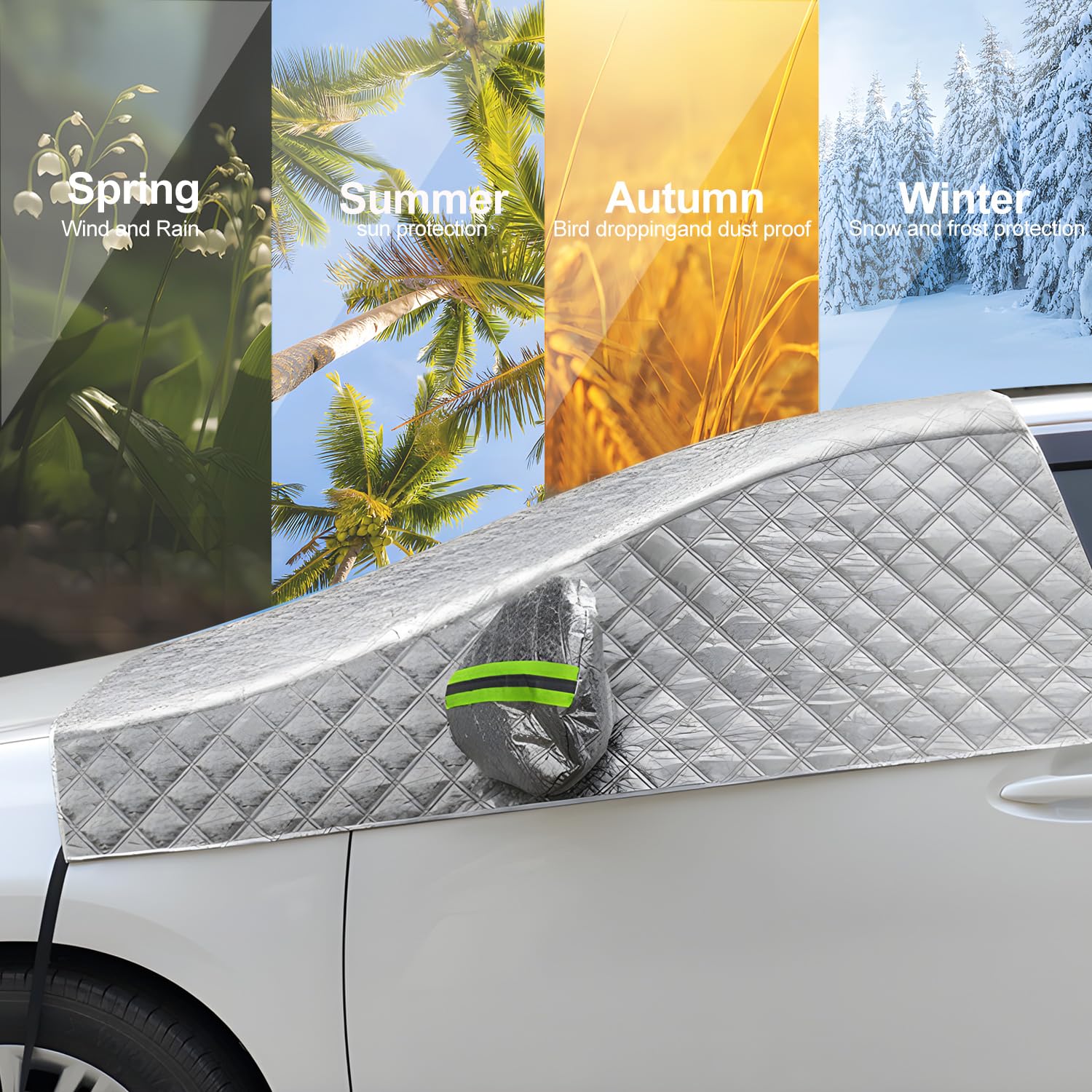 Couverture Pare Brise Voiture Hiver, Bâche Pare Brise Anti Givre avec Coques de Rétroviseurs et Bandes Réfléchissantes pour Voitures SUV (230 x 147cm)