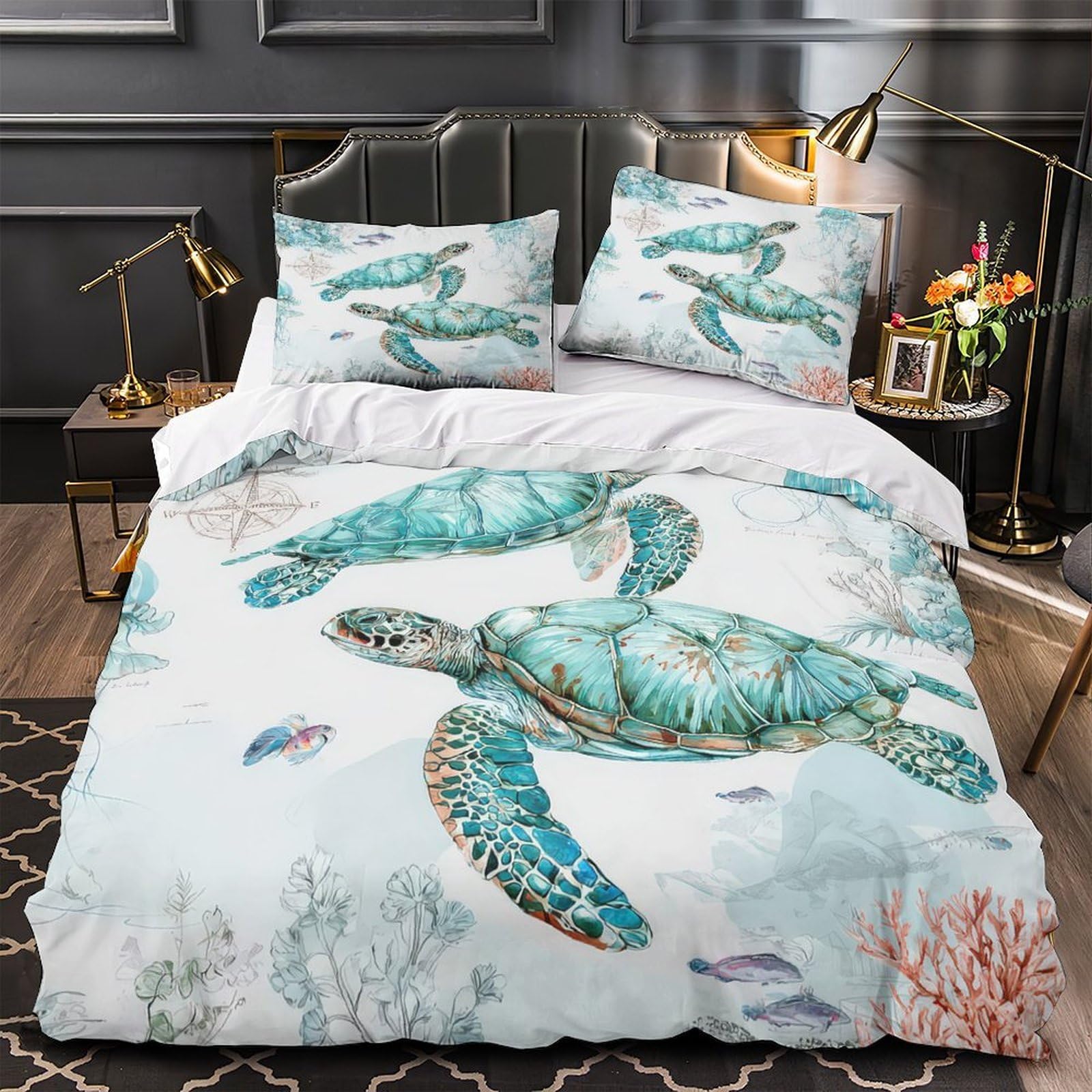 Housse de couette tortue marine ultra douce en microfibre premium lit 1 place