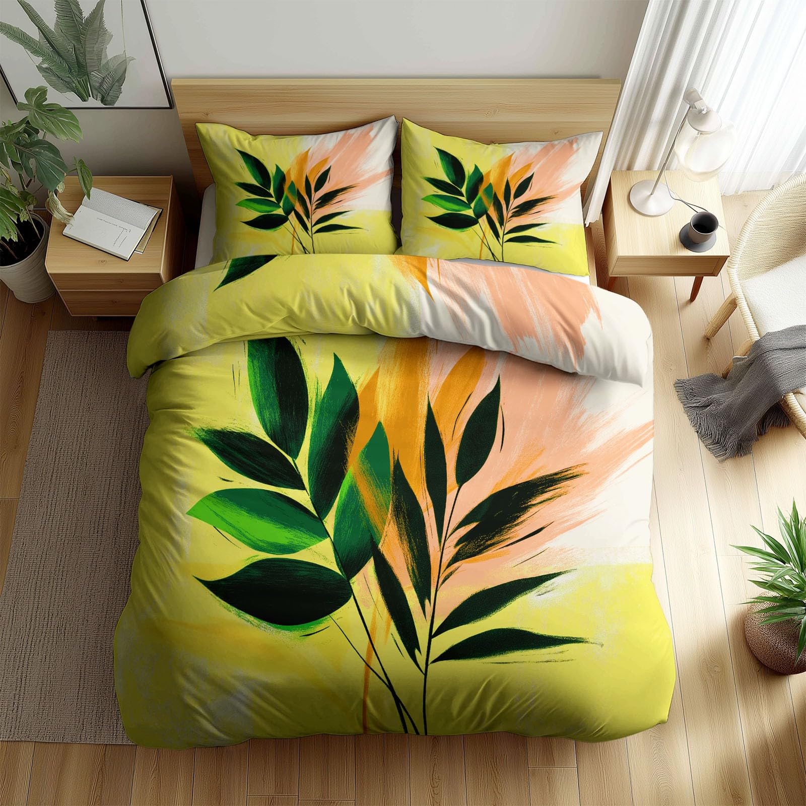 Housse de Couette Réversible 160x200 cm avec 2 Taies d'Oreiller Jaune Motif Tropical en Microfibre