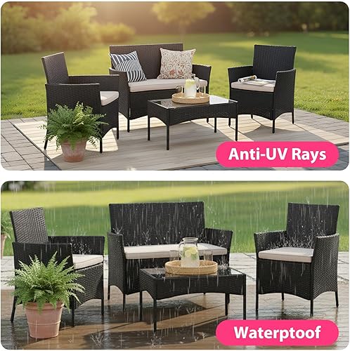 Miniatura 46 de FDW Juego de 3 sillas de mimbre marrón para patio, muebles de exterior, 2 sillas de ratán con cojines rojos y mesa de centro de cristal para porche