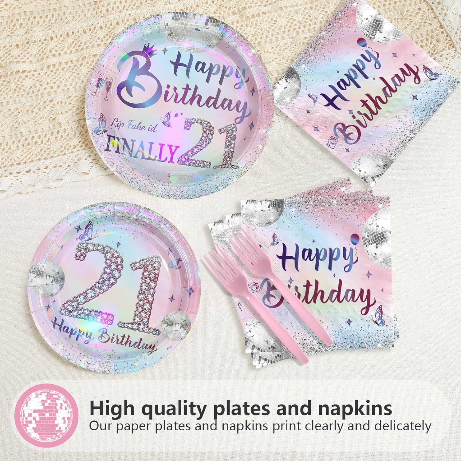 96Pcs 21th Birthday Party Decorations for Girls Plates and Napkins Iridescence Silver Pink 21th Tableware for Girls The Twenty-First Birthday Party Decorations Serve 24 - Image 4