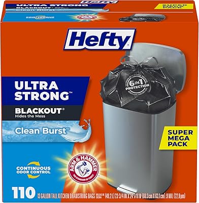 Hefty Ultra Strong 13 Gallon Trash Bags, Black Tall Kitchen Trash Bags 13 Gallon Size, Break Resistant Drawstring Enclosure, Continuous Odor Control, Blackout, Clean Burst Scent, 110 Bags