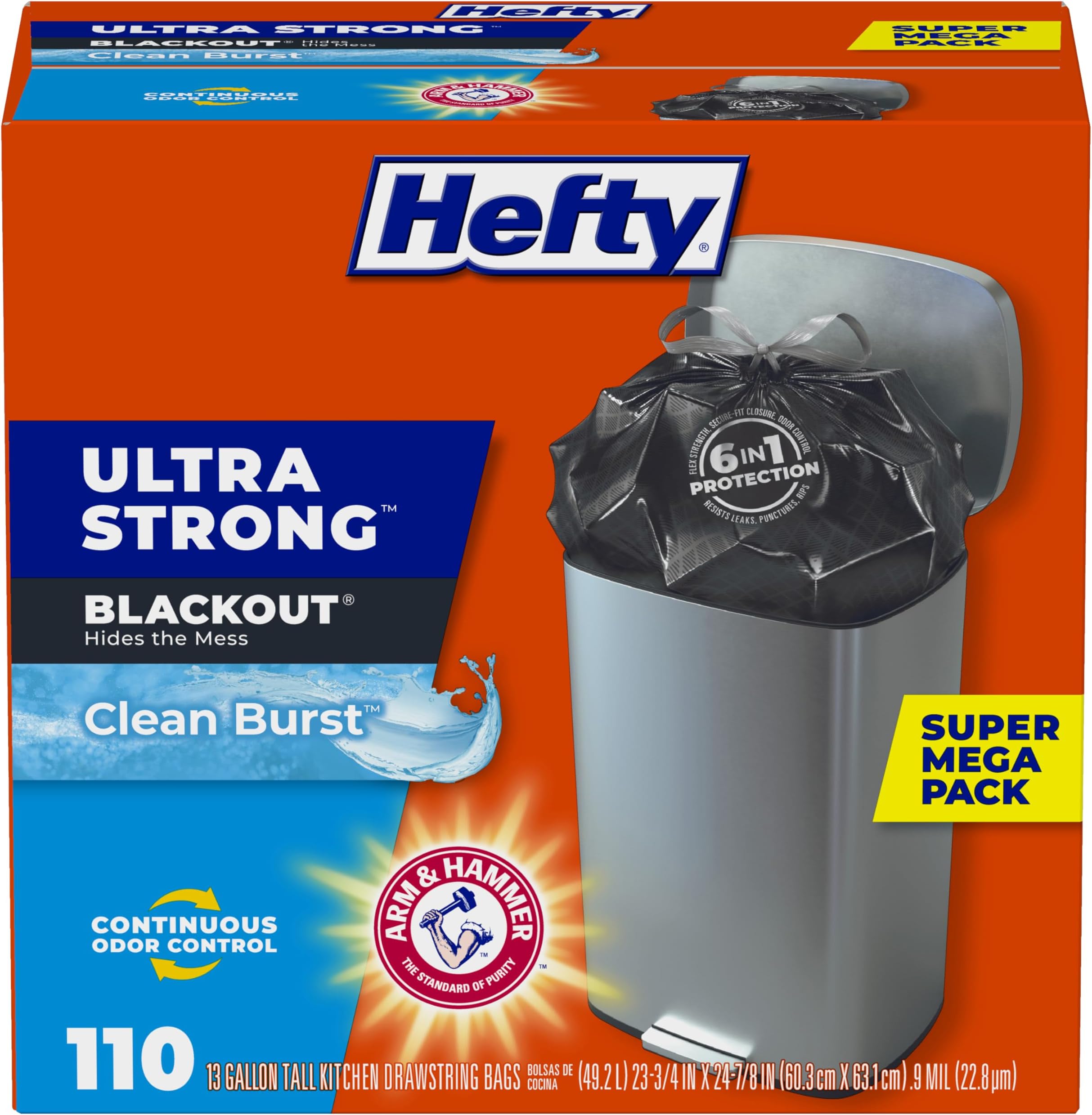 Hefty Ultra Strong 13 Gallon Trash Bags, Black Tall Kitchen Trash Bags 13 Gallon Size, Break Resistant Drawstring Enclosure, Continuous Odor Control, Blackout, Clean Burst Scent, 110 Bags