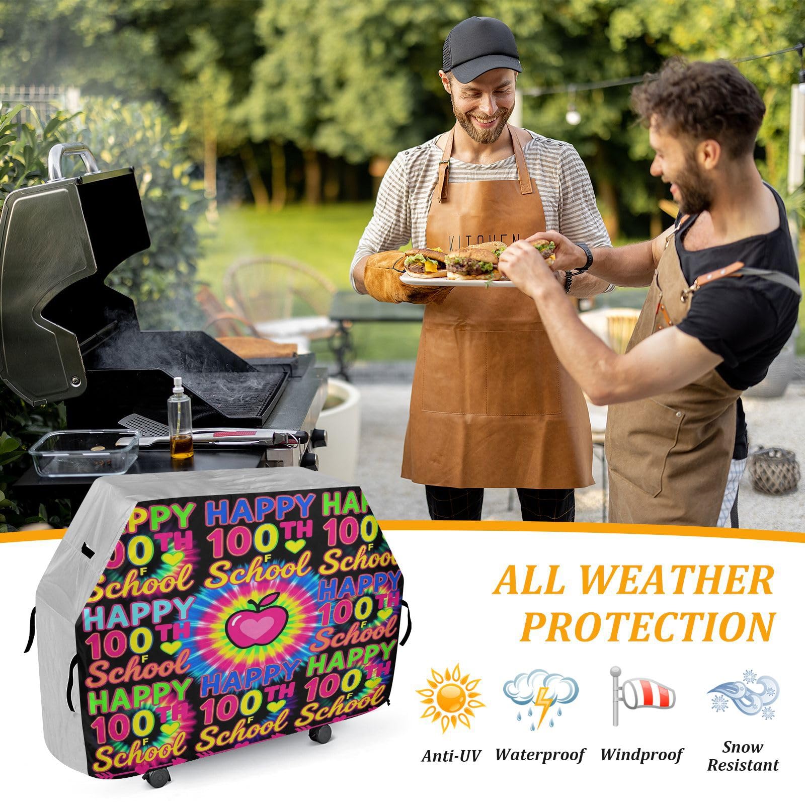 Copertura per barbecue da 165 cm, resistente allo sbiadimento e ai raggi UV, per barbecue all'aperto, copertura tie dye Happy 100th Day Of School