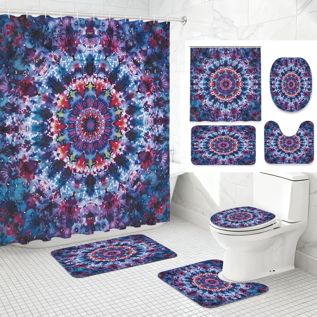 4 Piece Tie Dye Shower Curtain Set with Non-Slip Rugs, Toilet Lid Cover, Bath Mat Boho Psychedelic Swirl Rainbow Hippie Bathroom Decor with 12 Hooks, 72 x 72 Inch