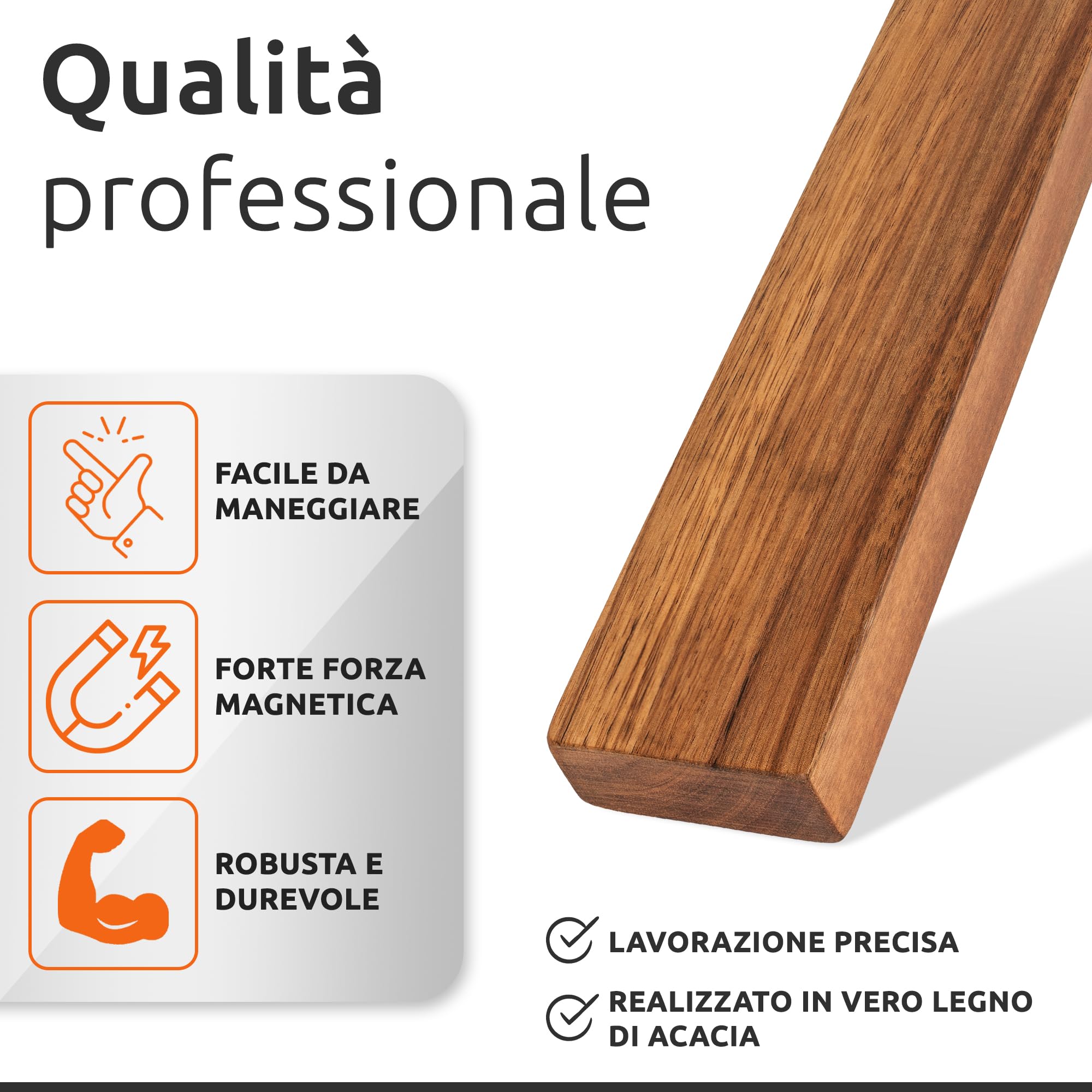 ECENCE Barra Magnetica per coltelli in Legno di acacia die alta qualità - 40cm - Portacoltelli da Cucina Magnetico per forare o incollare - Porta Coltelli Magnetico