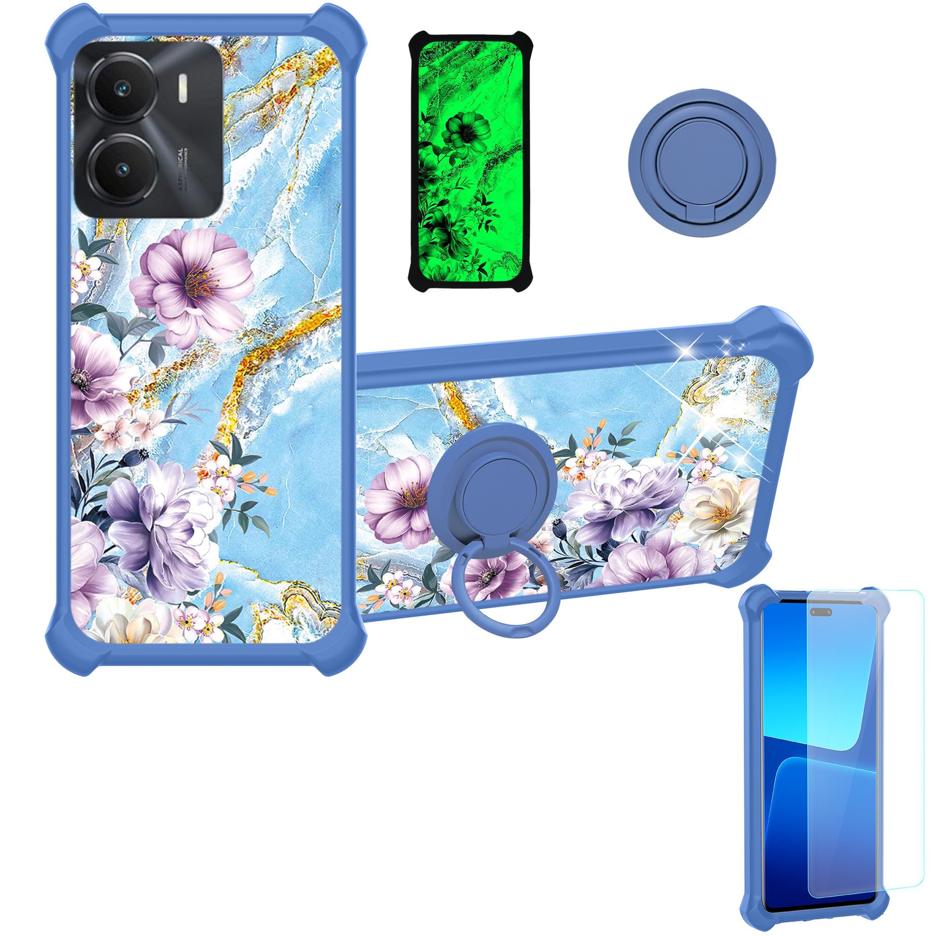 jioeuinly Case for Vivo iQOO Z7i Case Compatible with Vivo iQOO Z7i Phone Case Cover [with Tempered Glass Screen Protector][Ring Support][Gold Glitter+Luminous] JSL-SZH