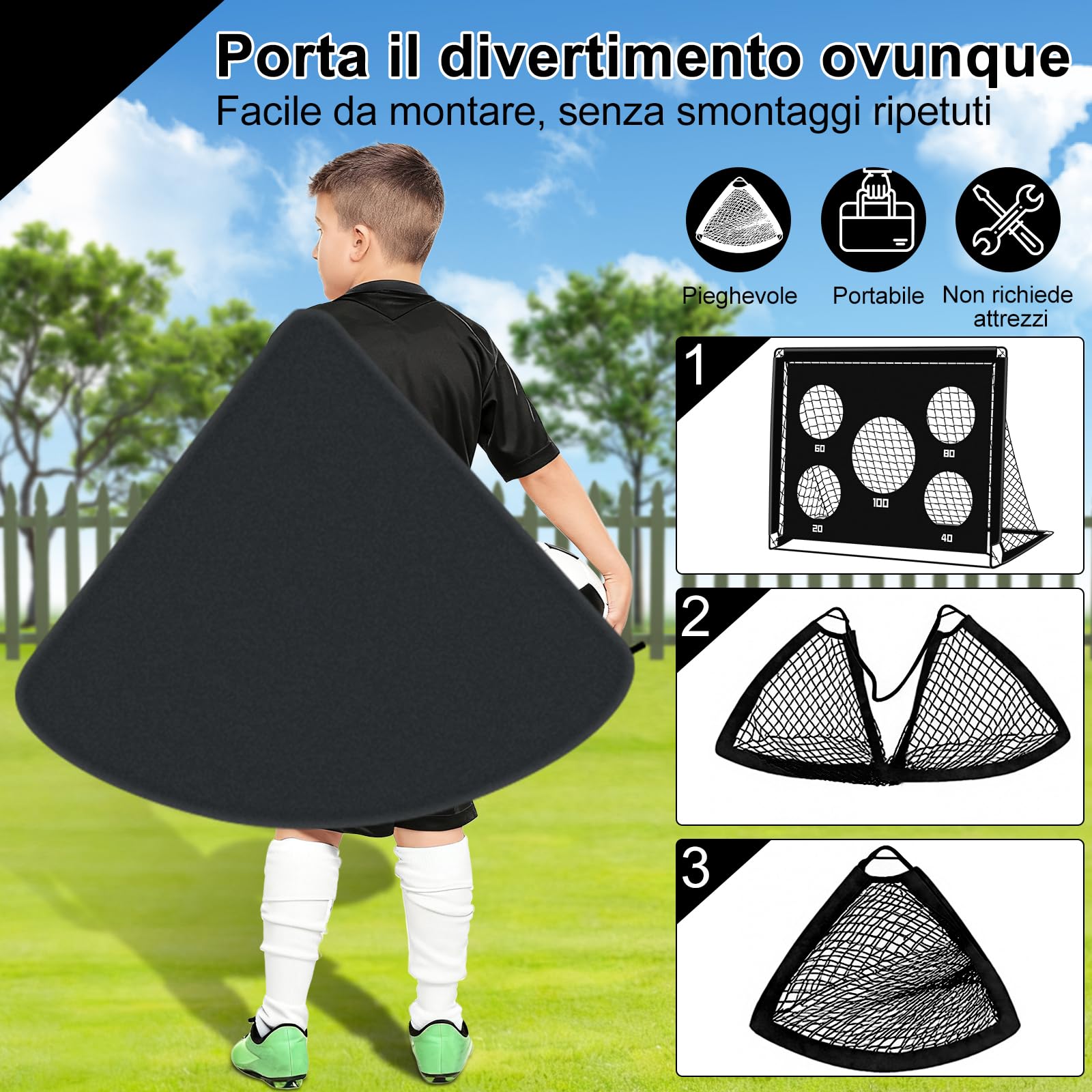 Porta da Calcio per Bambini 2 in 1, Portatile Pop Up con 5 Fori, Rete da Calcio per Interni ed Esterni