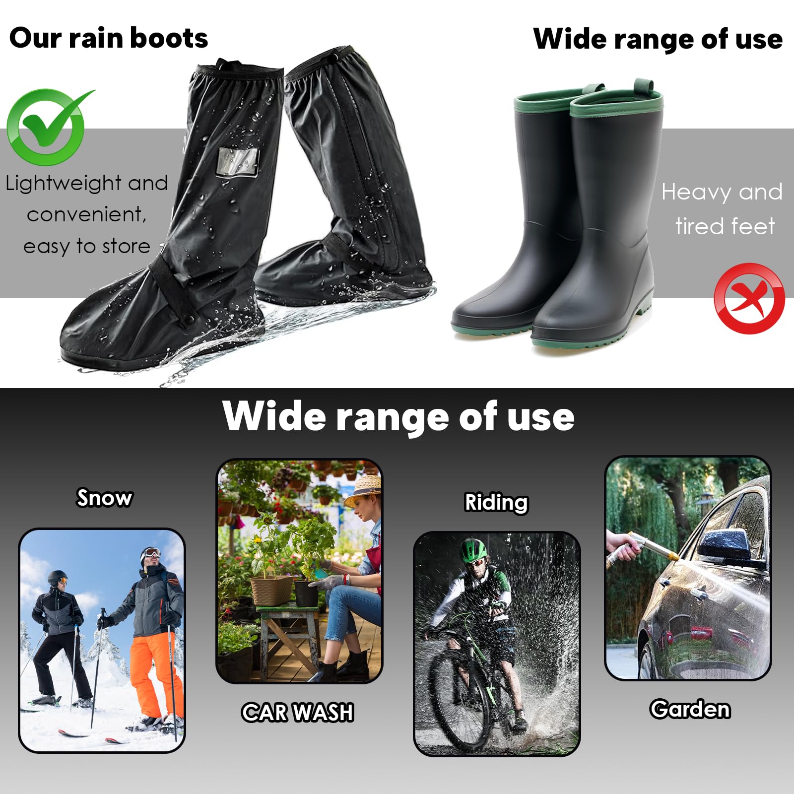 Couvre-Chaussures Imperméables et Antidérapantes pour Hommes et Femmes, Surchaussures Réutilisables avec Fermeture Éclair Ajustable, Protection Pluie et Boue pour Vélo, Pêche et Extérieur, S-XXL