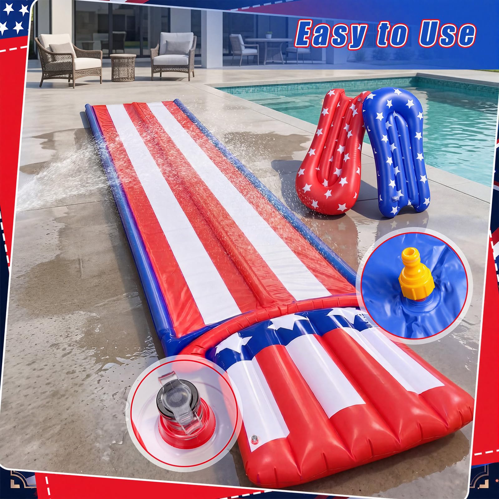 Scivolo acquatico patriottico del cortile del 4 luglio da 6,7 m con irrigatore e 2 bodyboard 2 corsie slip rosso bianco e blu bandiera americana scivolo per il Memorial Day 250th Outdoor
