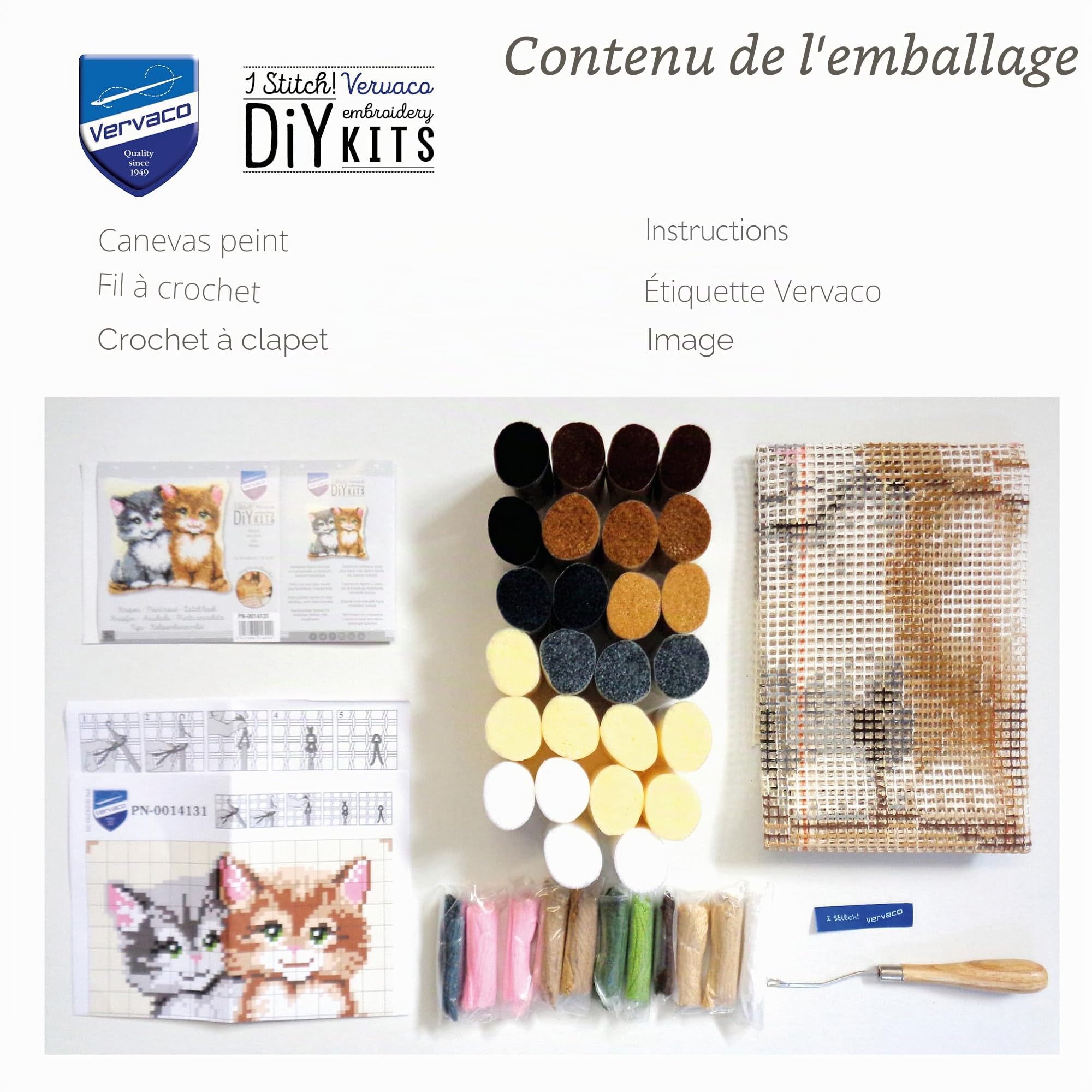 Vervaco Kit Point Noué Á Faire Coussin Broderie Debutant DIY DES CHATS Latch Hook Kit Complet Decoration Maison Manuelle Loisir Créatif ca. 40 x 40 cm Embroidery