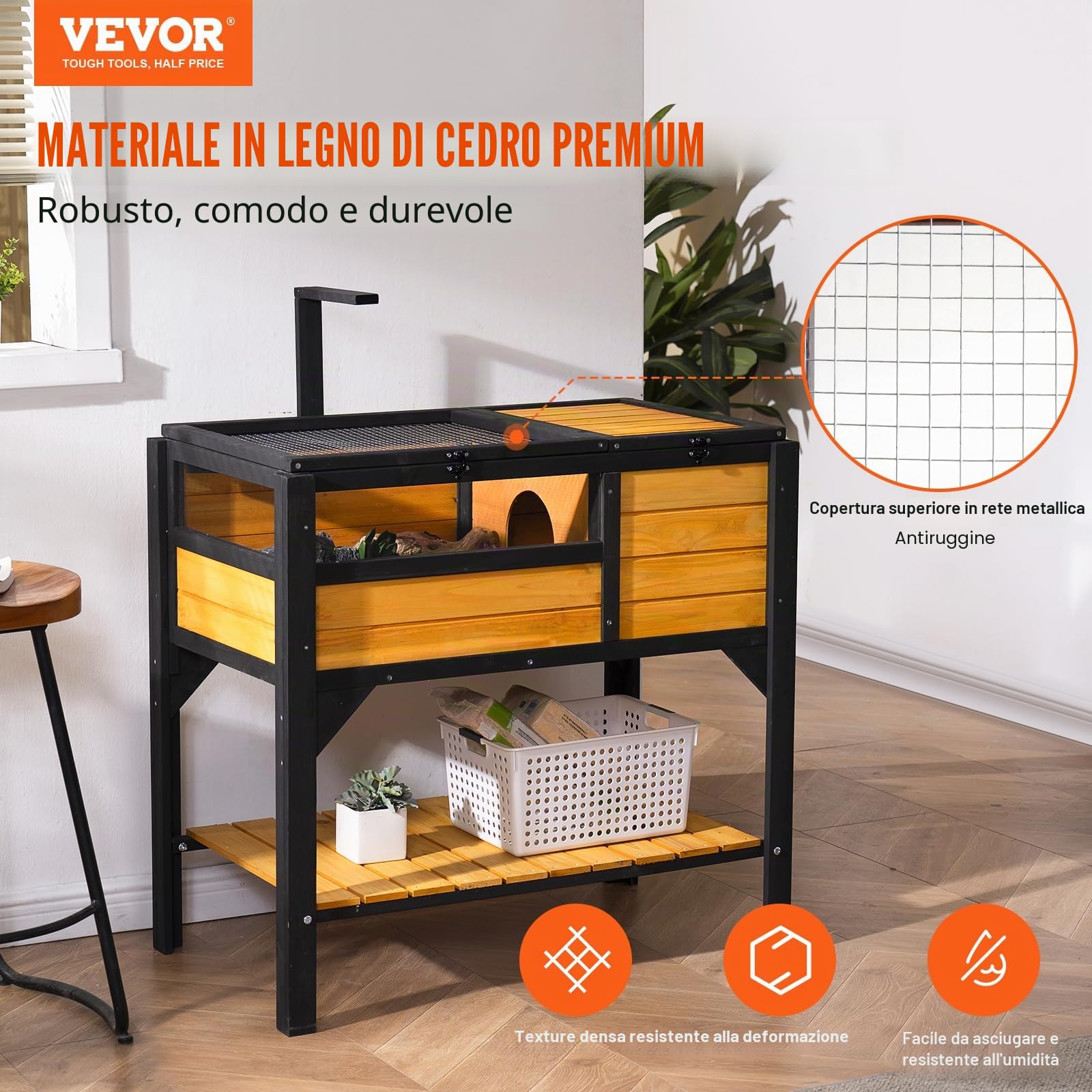 VEVOR Casetta in legno di cedro per tartarughe, per interni ed esterni, con supporto per luce, recinto per rettili, gechi, lucertole, serpenti