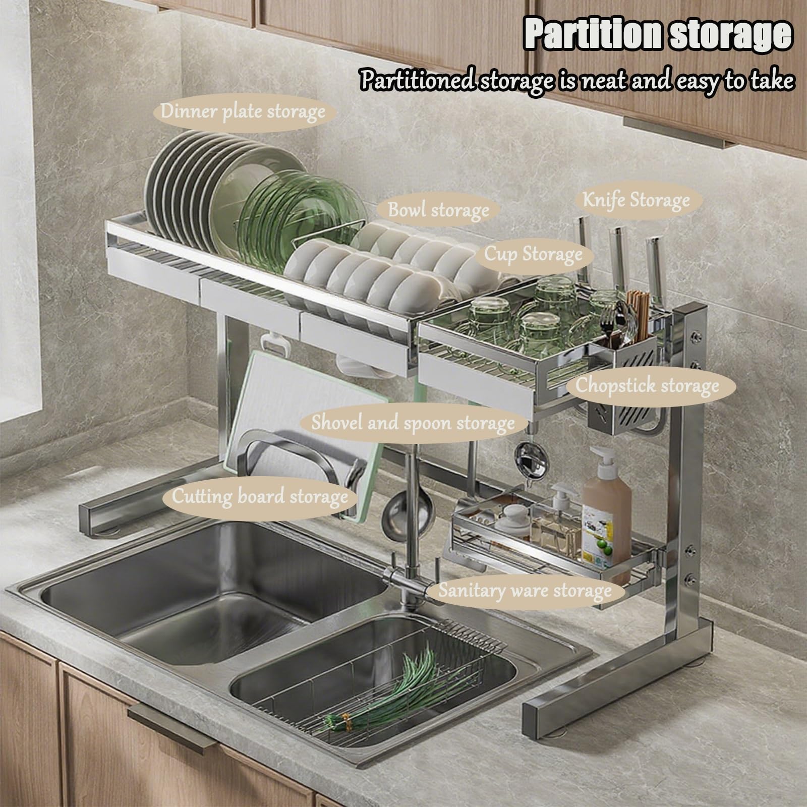 Escurreplatos de cocina de 2 niveles, 25 pulgadas, acero inoxidable 304 duradero, diseño que ahorra espacio, resistente al óxido, ideal para la organización del hogar y la cocina
