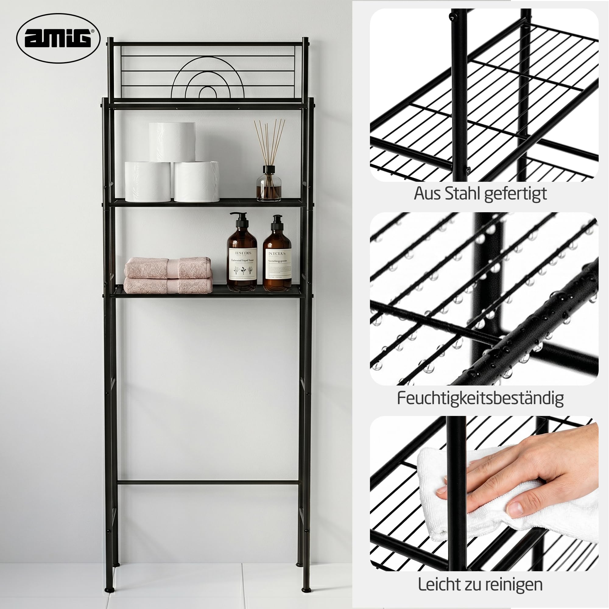 Amig - Badezimmerregal über Toilette Mod. ORIA - 3 Höhen - Hergestellt aus Stahl - Matt schwarz - Mit verstellbaren Füßen - 60,7 x 28 x 172 cm