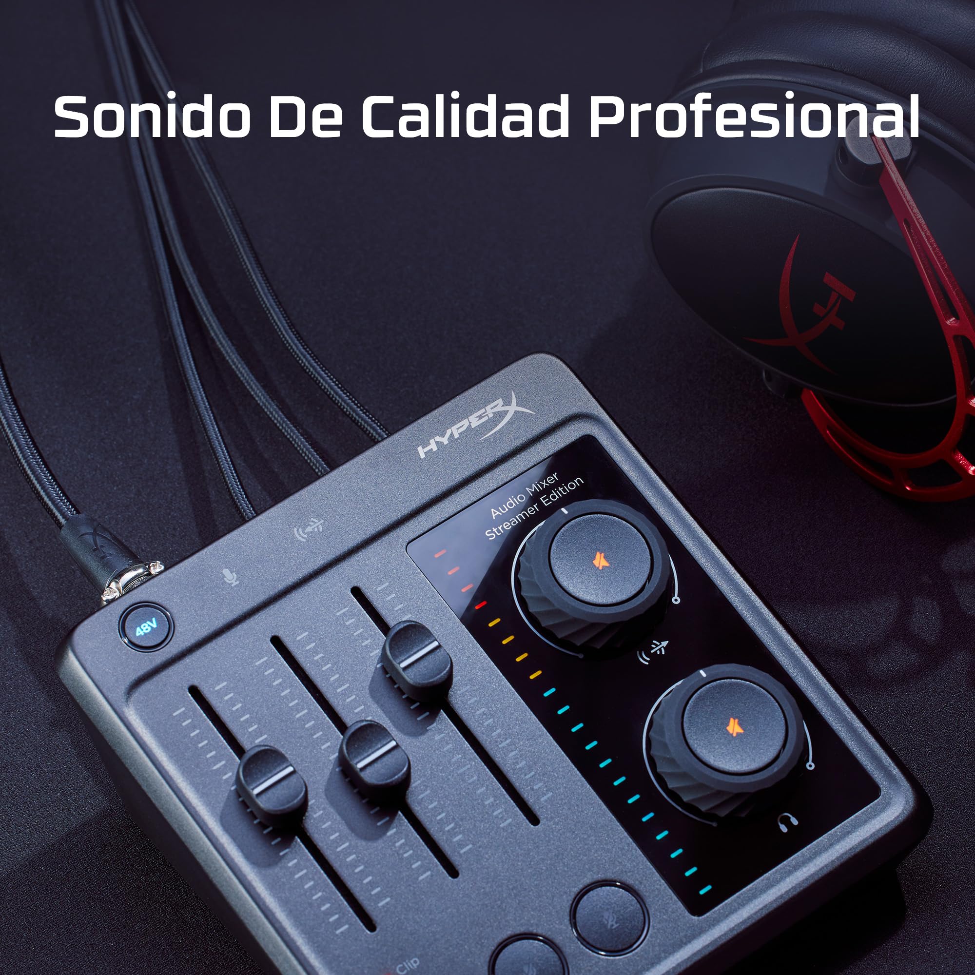 HyperX Audio Mixer - Mezclador de audio para streaming, gaming, control de volumen, alimentación Phantom 48v, incluye cables XLR, USB, 3.5mm, Negro