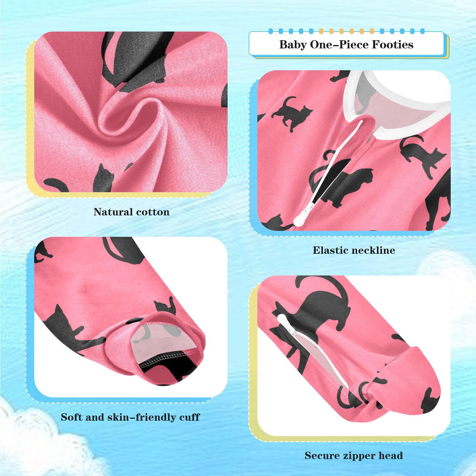 Dussdil Black Cats Pink Baby One-Piece Footies Kitten Kitty Newborn Rompers Pajamas Cotton Footed Pjs for Sleep Play Boys Girls 6 Month