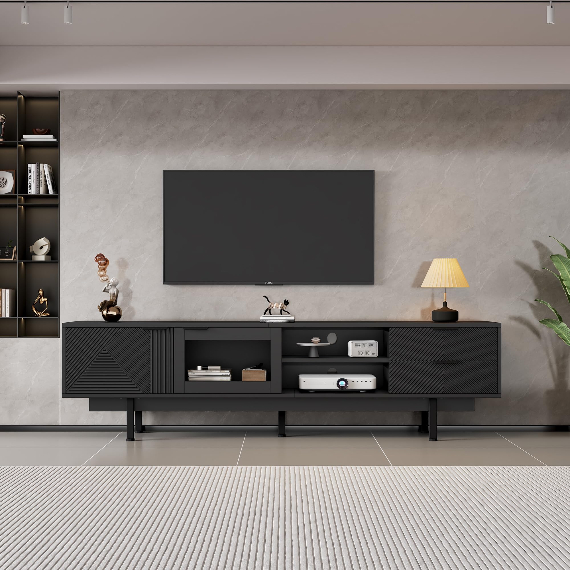 Mueble bajo para TV de 200 cm con 2 puertas y 2 cajones, elegante armario para TV de 80 pulgadas, para salón, mesa de TV, soporte de TV, color negro