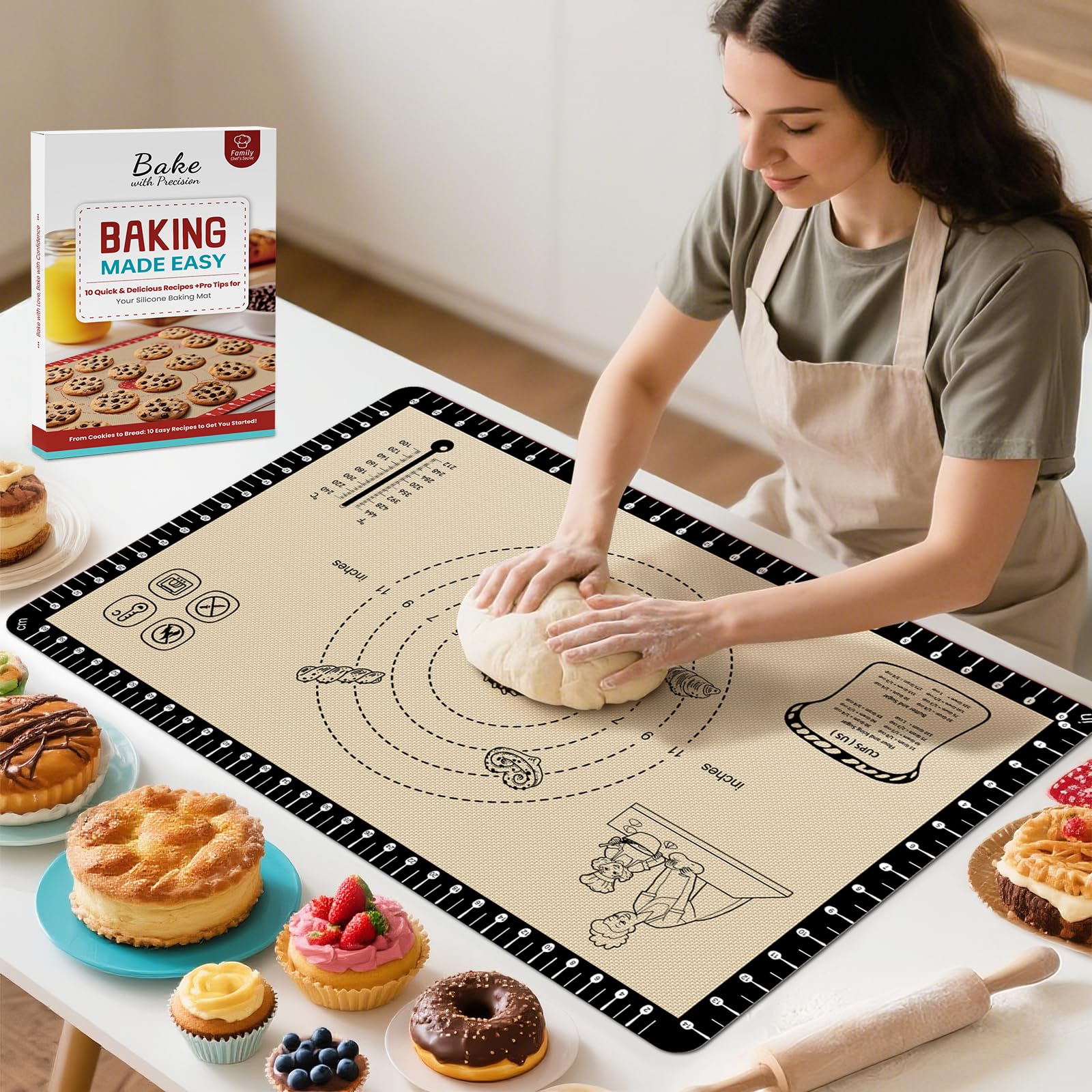 Extra dicke Silikon-Backmatte mit 10 einfachen Rezepten, Silikonmatte zum Backen, antihaftbeschichtete Gebäckmatte für Teigrollen, Macaron, Kekse, Brot, Pizza, Fondant/Kuchenkruste, ofen- und