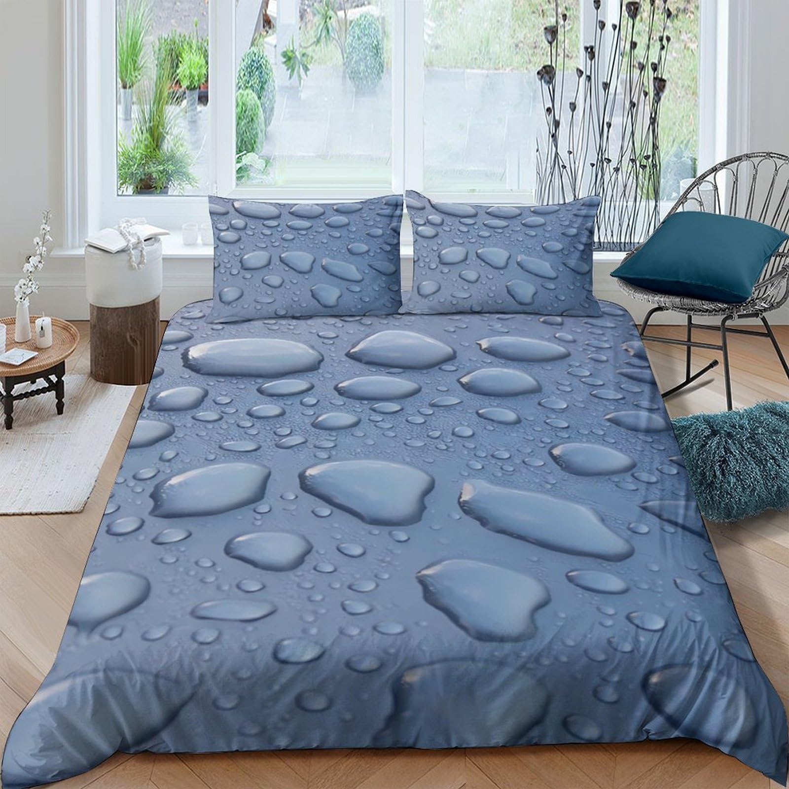 GPLZQXKJNH 3D Printed Water Droplets Duvet Cover Set Microfiber Soft Breathable Blue Quilt Cover with 2 Pillowcases for Bedroom Decor Single（135x200cm）