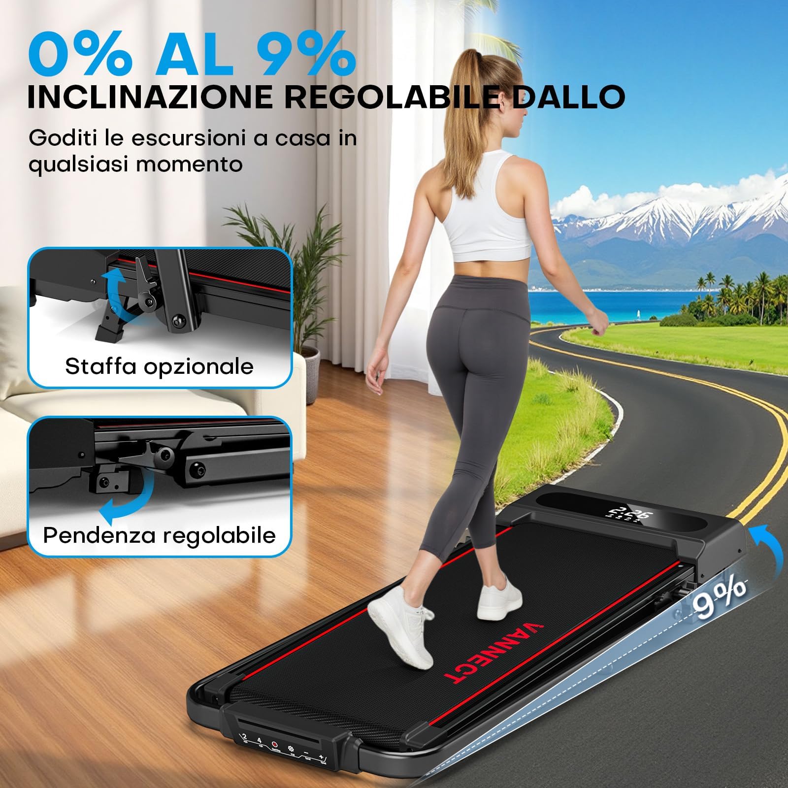 Tapis Roulant Pieghevole, VANNECT 5 IN 1 con Inclinazione, 1-12KM/H Walking Pad Elettrico, Telecomando e Display LED, APP, Portatile per Casa Tapis Roulant Salvaspazio Capacità 150kg