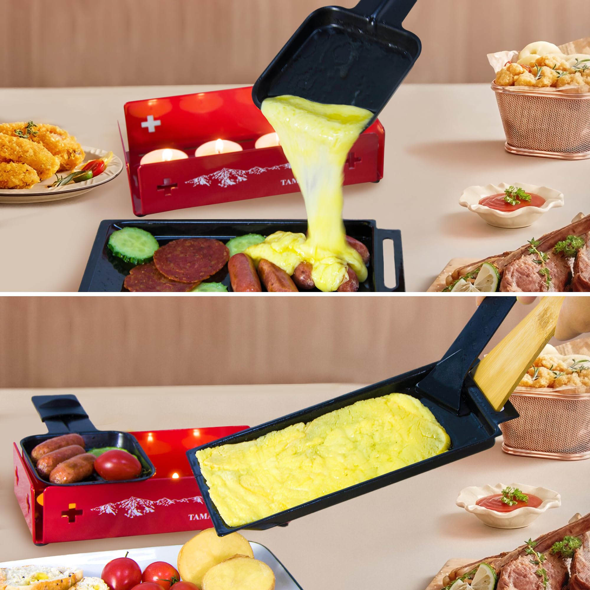 TAMARIT Griglia per raclette per 2 persone, portatile, a lume di candela, con teglia smaltata e padelle antiaderenti, macchina compatta per raclette per cene romantiche, picnic, barbecue, campeggio