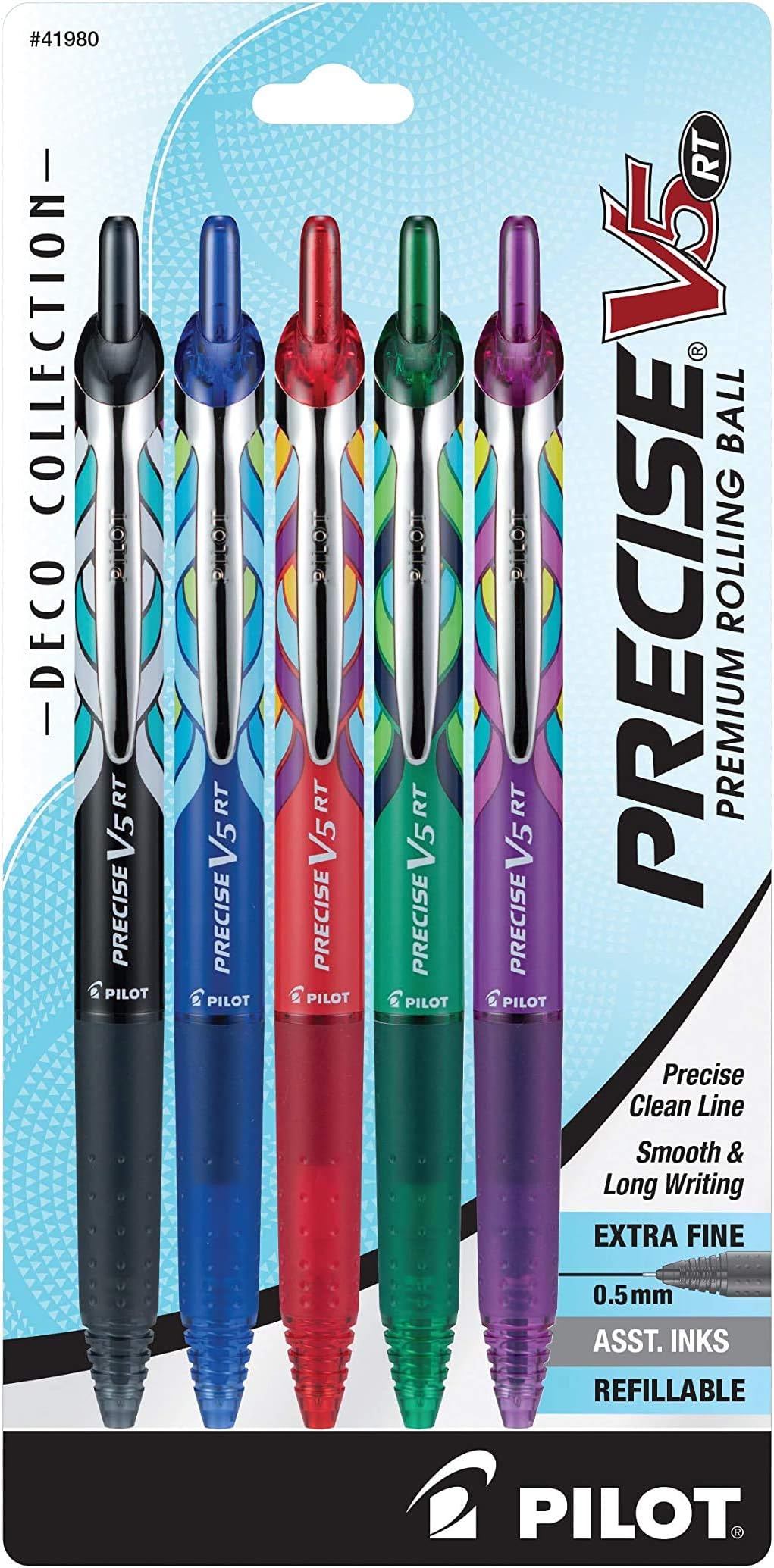 Precise V5 RT Deco Collection Retractable Rolling Ball Pens, Refillable, 5-Pack, Assorted Colors (41980)