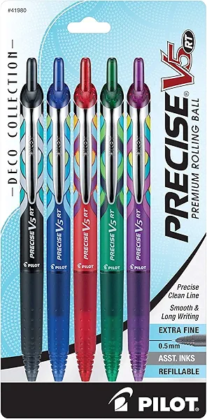 Pilot, Precise V5 RT Deco Collection Refillable & Retractable Liquid Ink Rolling Ball Pens, Extra Fine Point 0.5 mm, Black/Blue/Red/Green/Purple, Pack of 5