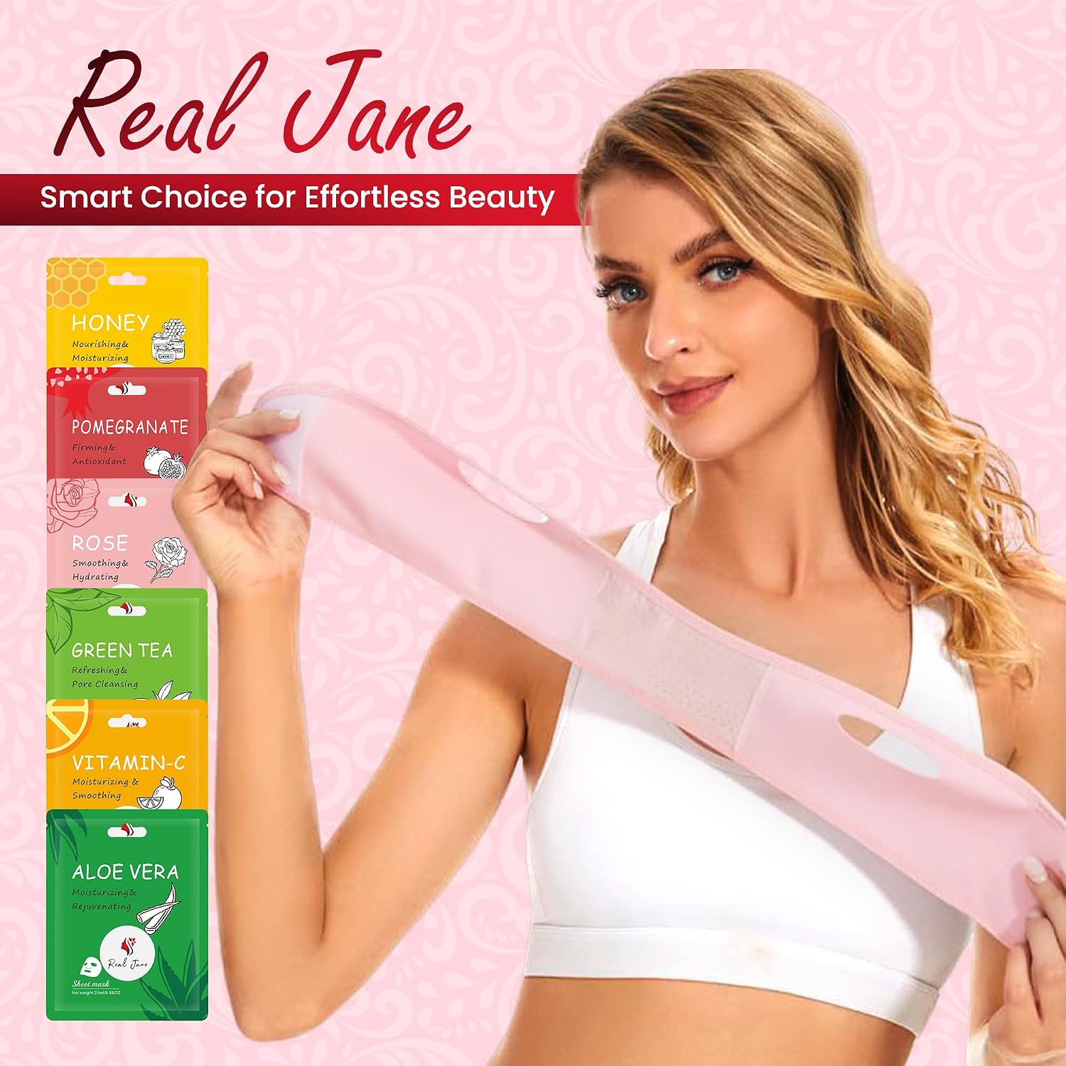 V Line Lifting Mask Set – Face Slimming Chin Strap for Sleeping, Jawline Shaper & Double Chin Reducer, Neck Tightening Face Lift Belt with 6 Hydrating Face Masks for Women