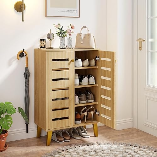 Miniatura 9 de Giantex Zapatero con puertas, zapatero estrecho de 4 niveles con estantes extraíbles, armario de almacenamiento de zapatos de madera independiente