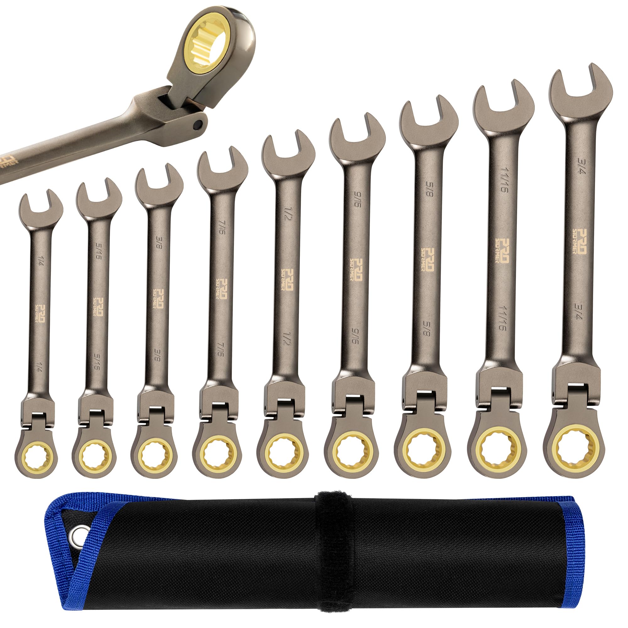 Prostormer 9-Piece SAE Flex-Head Ratchet Wrench Set, Cr-V Constructed with Black Nickel Plating, 1/4" to 3/4" Standard Swivel Head Ratcheting Combination Wrench Kit with Rolling Pouch
