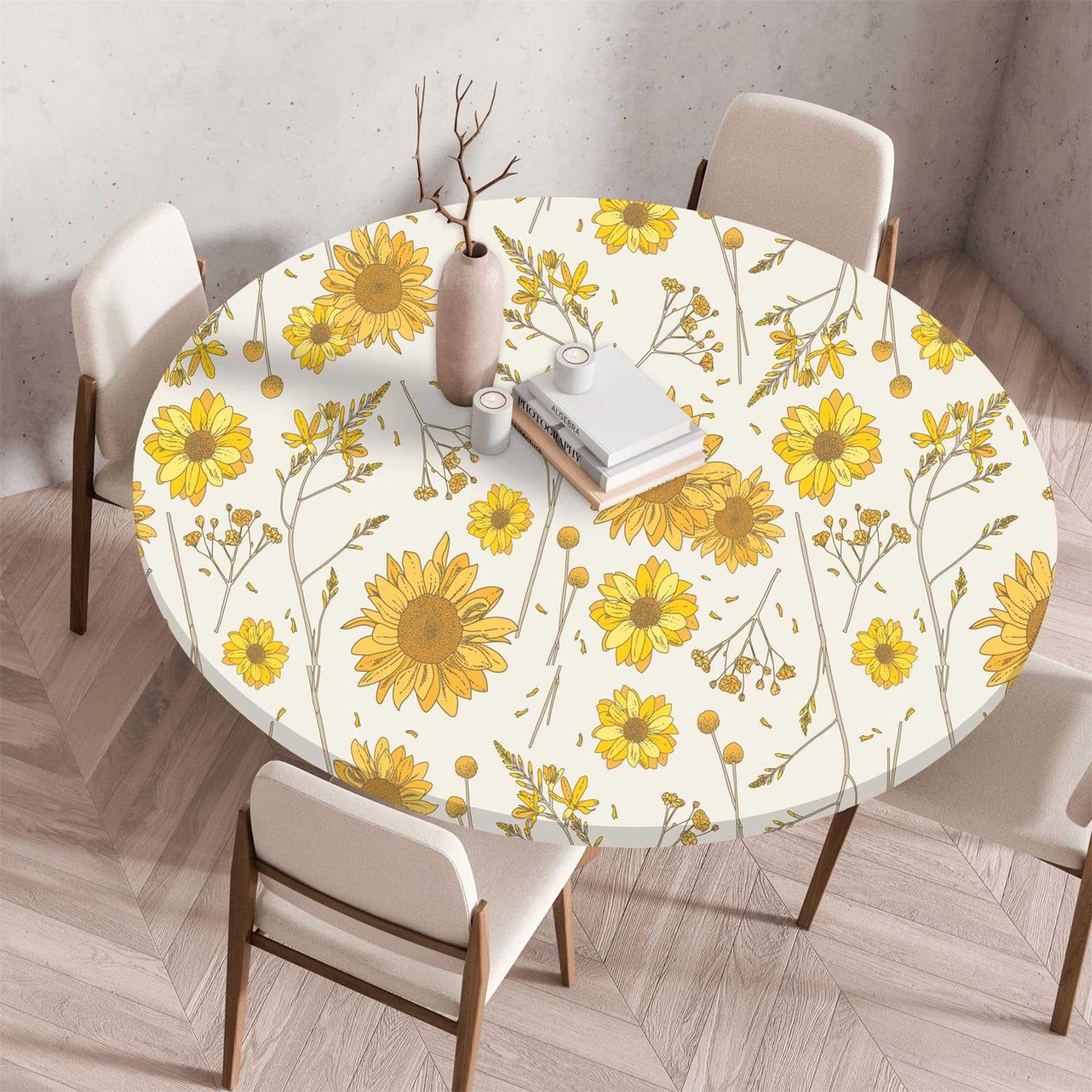 Muiuou Waterproof Elastic Fitted Round Tablecloth,Flower Printing Reusable Waterproof Oil-Proof Wipeable Circle Tablecloth,for Dinning Room Kitchen Picnic Decoration (Diameter 110cm,Style 4)