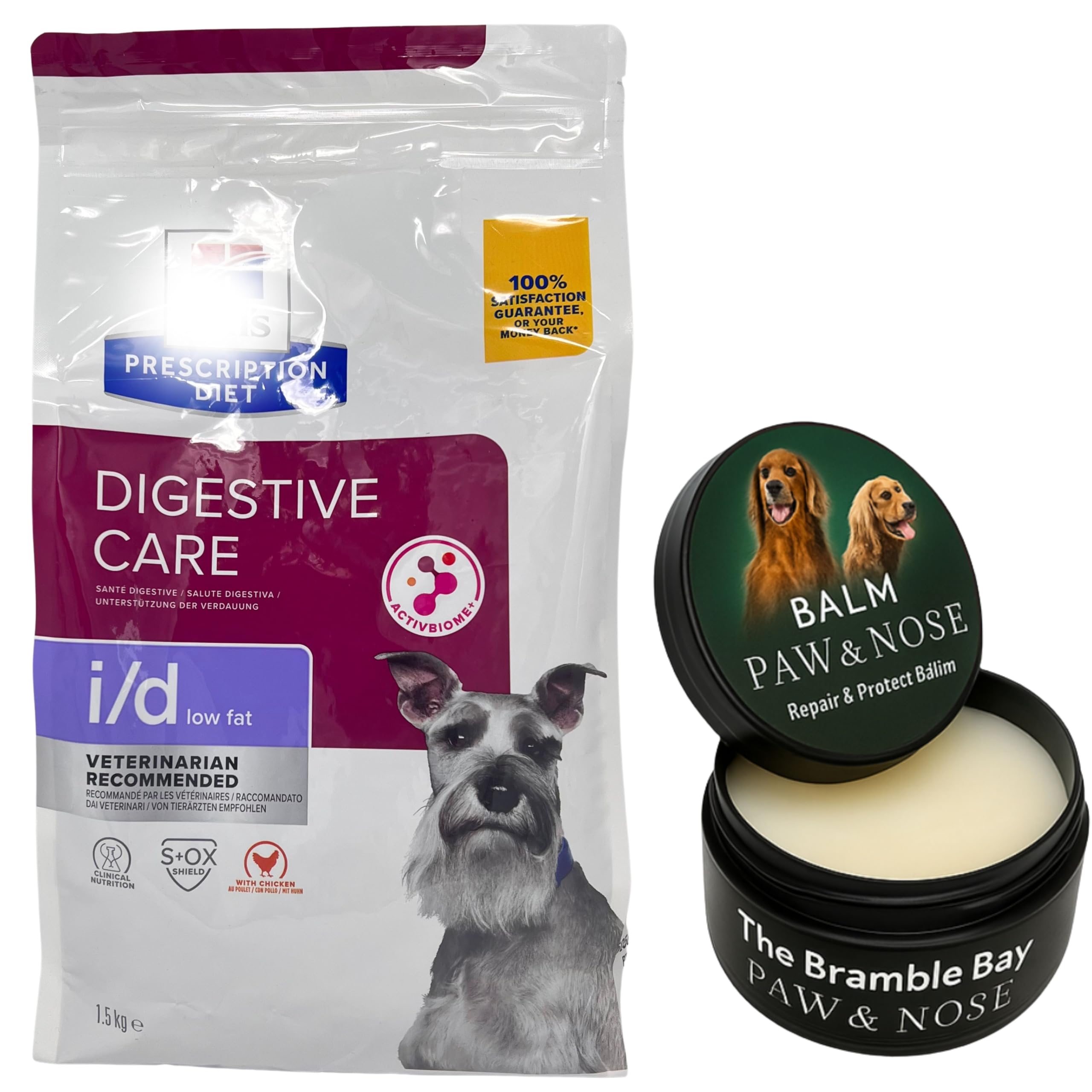 Digestive Dog Food I/D Bundle contains Prescription Diet Low Fat Chicken Flavour 1.5kg, Nose and Paw Balm