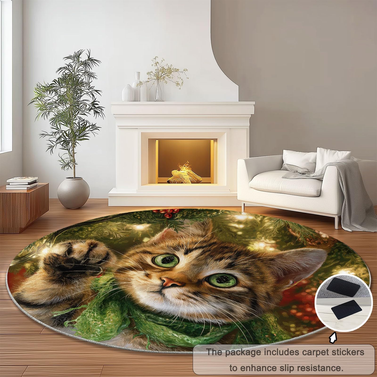 Teppich Wohnzimmer Rund 200 cm Teppich Schlafzimmer Grün Kurzflor Wohnzimmerteppich Weihnachten Katze Kiefernzweig Waschbar rutschfest Rund für Wohnzimmer Schlafzimmer Esszimmer
