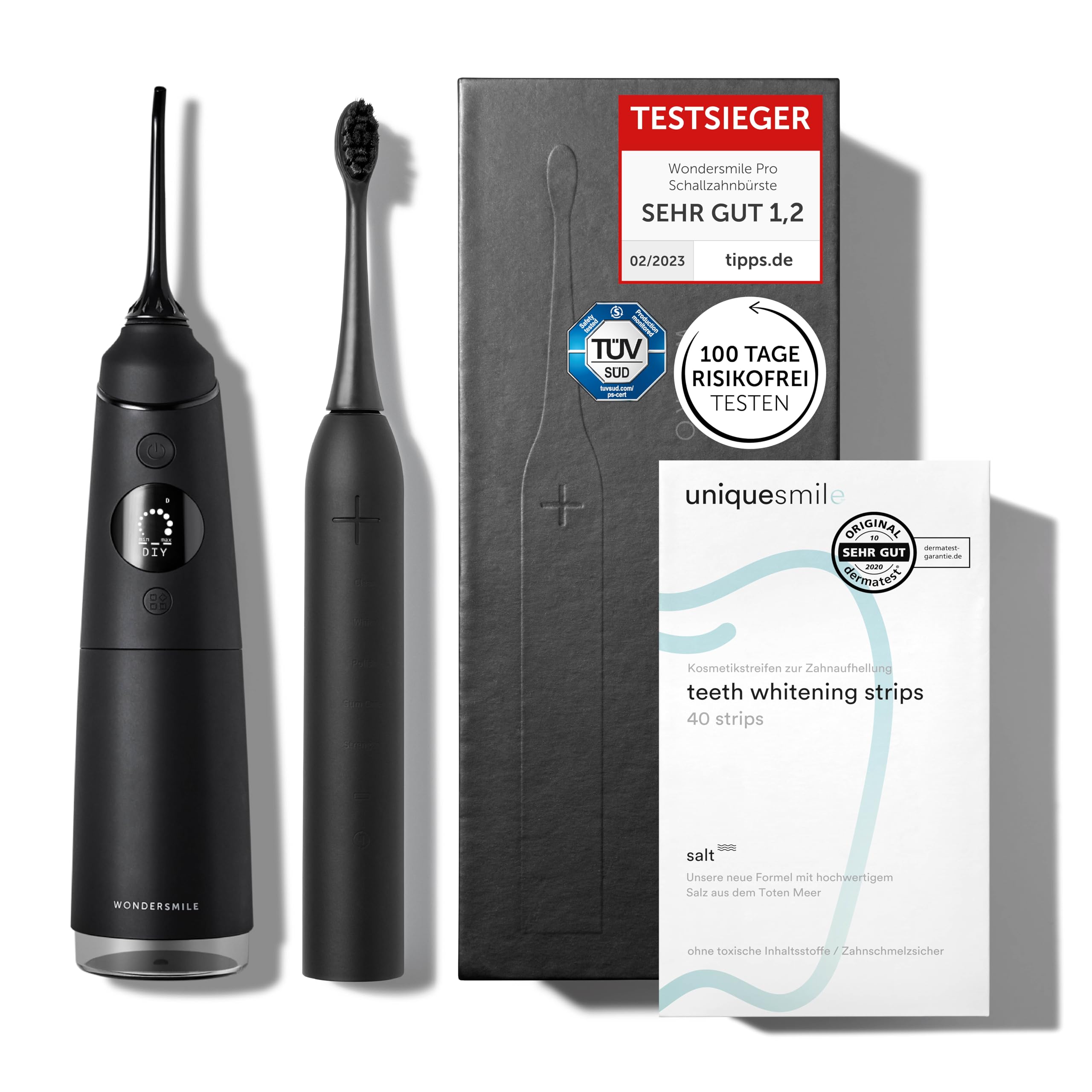 Uniquesmile Zahnaufhellung Whitening Strips Bundle mit Schallzahnbürste & Munddusche- Testsieger 2024-100 Tage risikofrei testen (40 Stück/Ultimate Black)