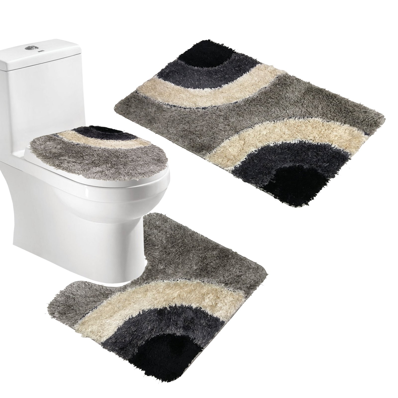 Luxuriöses Mikrofaser-Badteppich-Set, ultraweich, WC-Abdeckung, Vorleger und Badematte, saugfähig und schnell trocknend, rutschfeste Unterseite, grau, 3-teilig