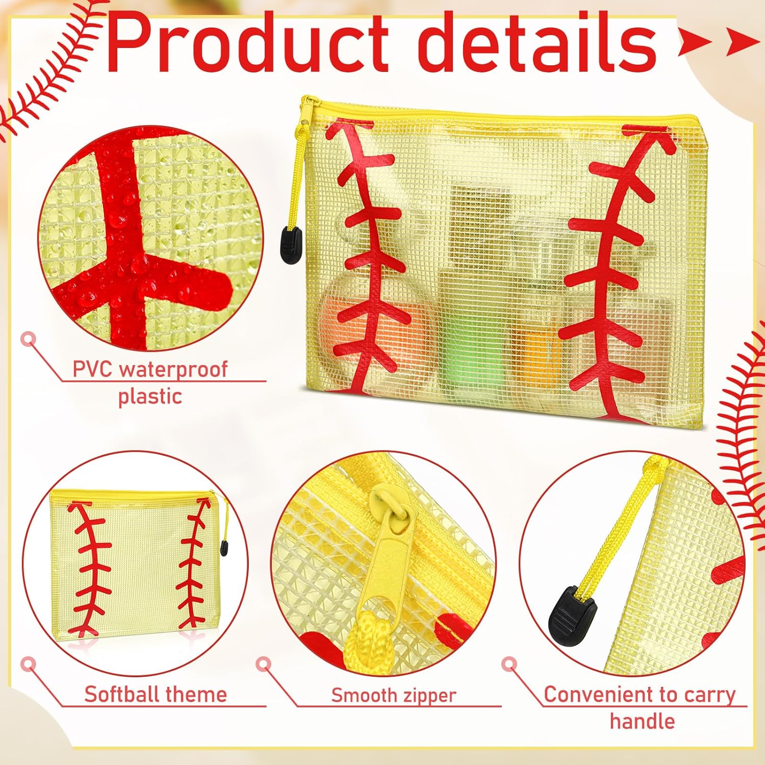 12 Pcs Softball Team Gifts Makeup Bag Bulk Clear Softball Mesh Zipper Cosmetic Bags with Zipper, Beach Pool Summer Waterproof Mesh Bag for Softballs Coach Mom Travel Must Have
