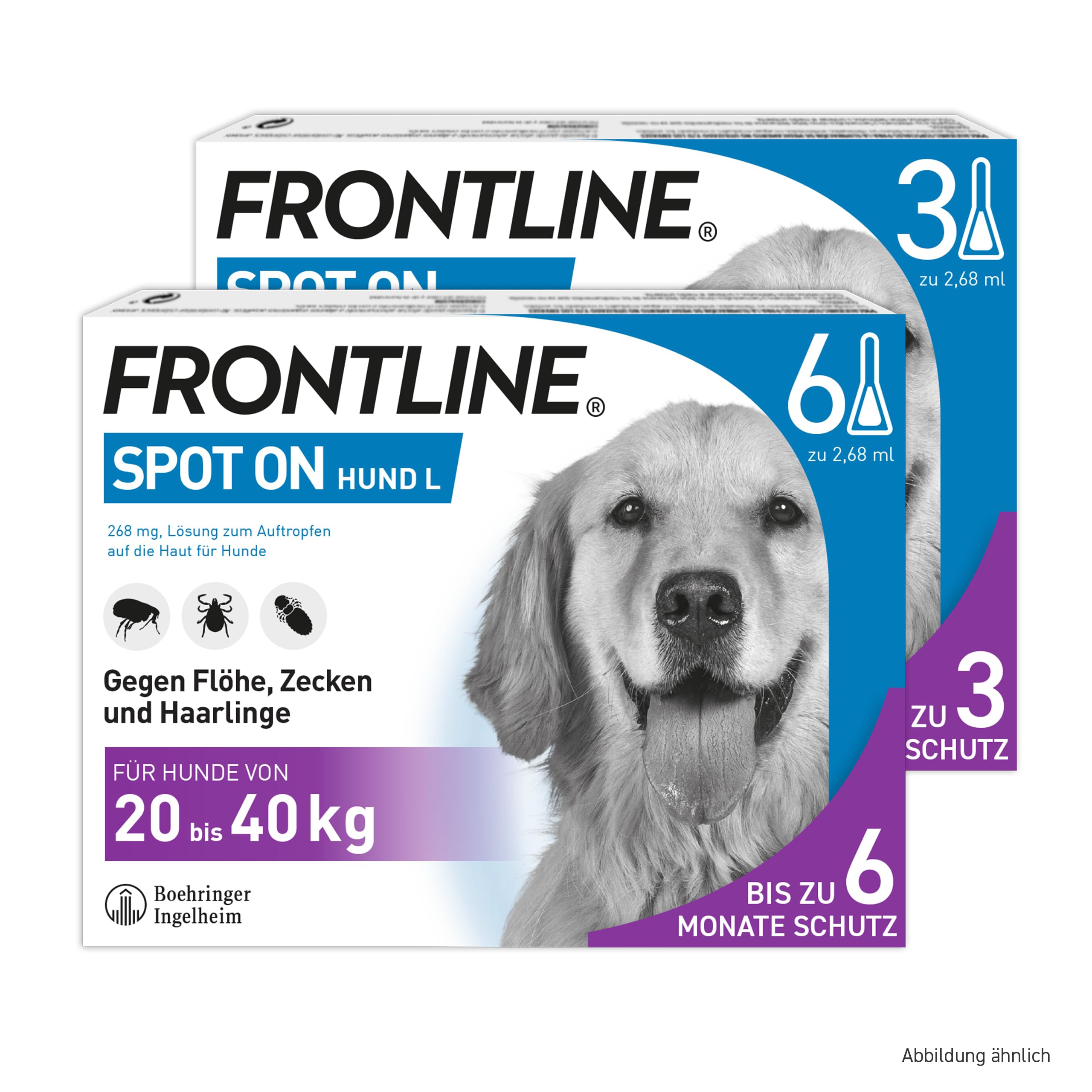 FRONTLINE Spot ON Hund L gegen Zecken, Flöhe & Haarlinge (20 bis 40 kg) | 6+3 Pipetten (2er Pack) für bis zu 9 Monate Schutz - einfache Anwendung, gute Verträglichkeit - wasserfest - für große Hunde