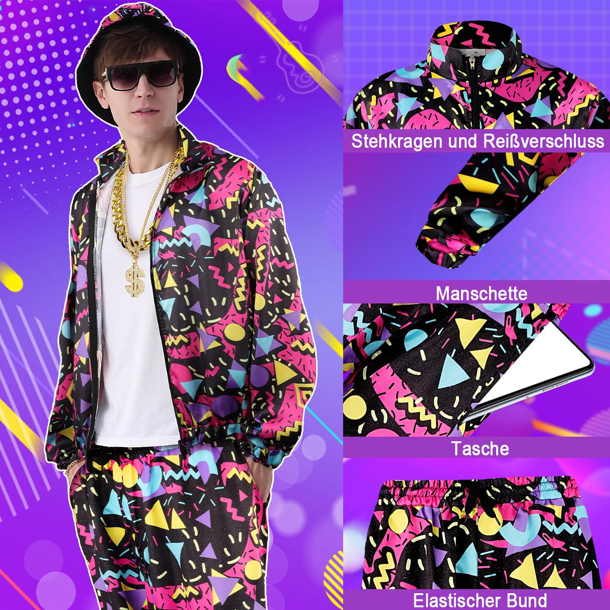 Tuta da uomo anni '80 e '90, costume da jogging, set di pantaloni, ghettoblaster gonfiabile, marsupio, occhiali da sole, cappello, collana, bracciale, anello, abbigliamento sportivo hip hop, carnevale