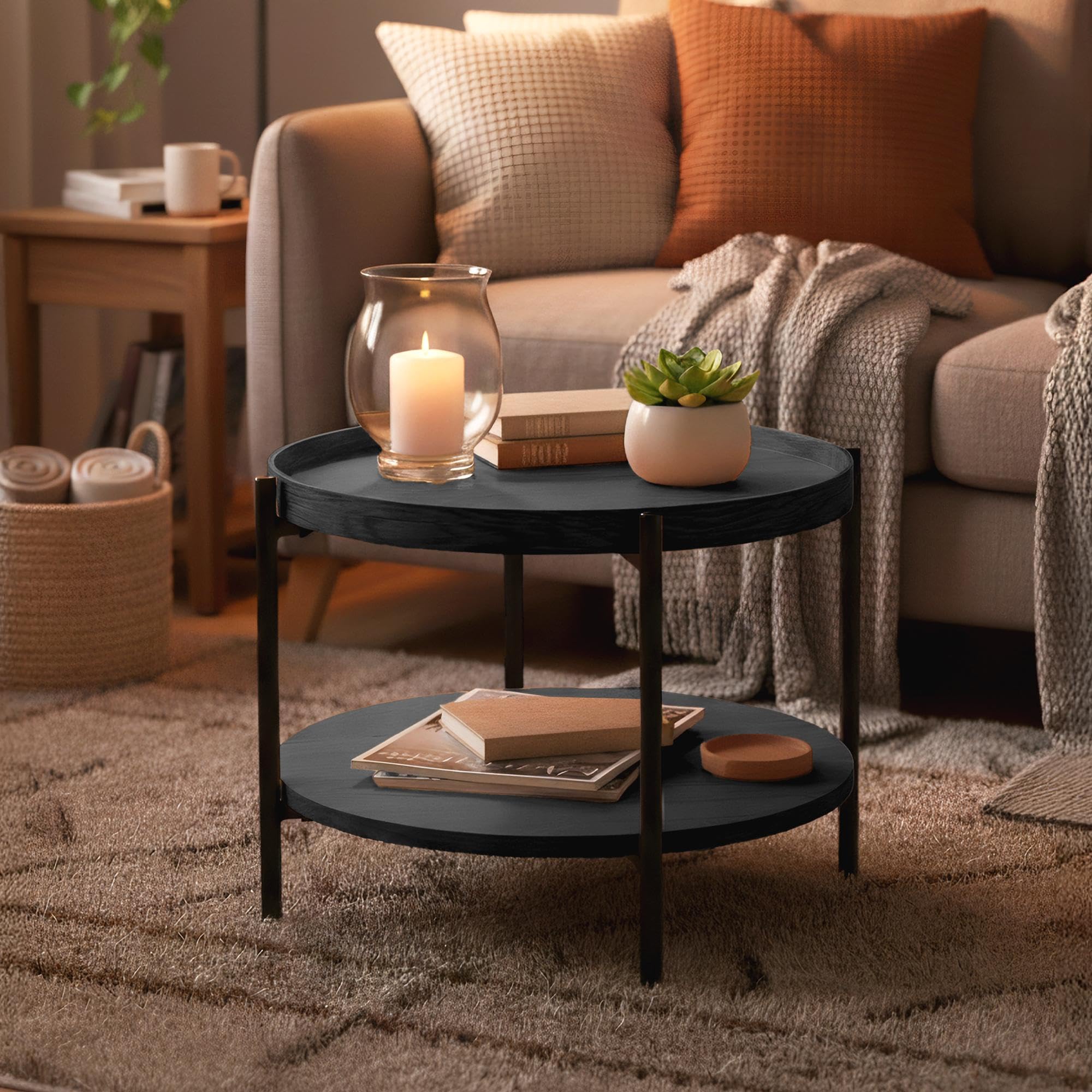 CLP Couchtisch rund Holz Corbitan, Sofatisch 2 Ebenen mit Stauraum, Beistelltisch klein Metallgestell schwarz, Farbe:grau, Größe:Ø 50 cm