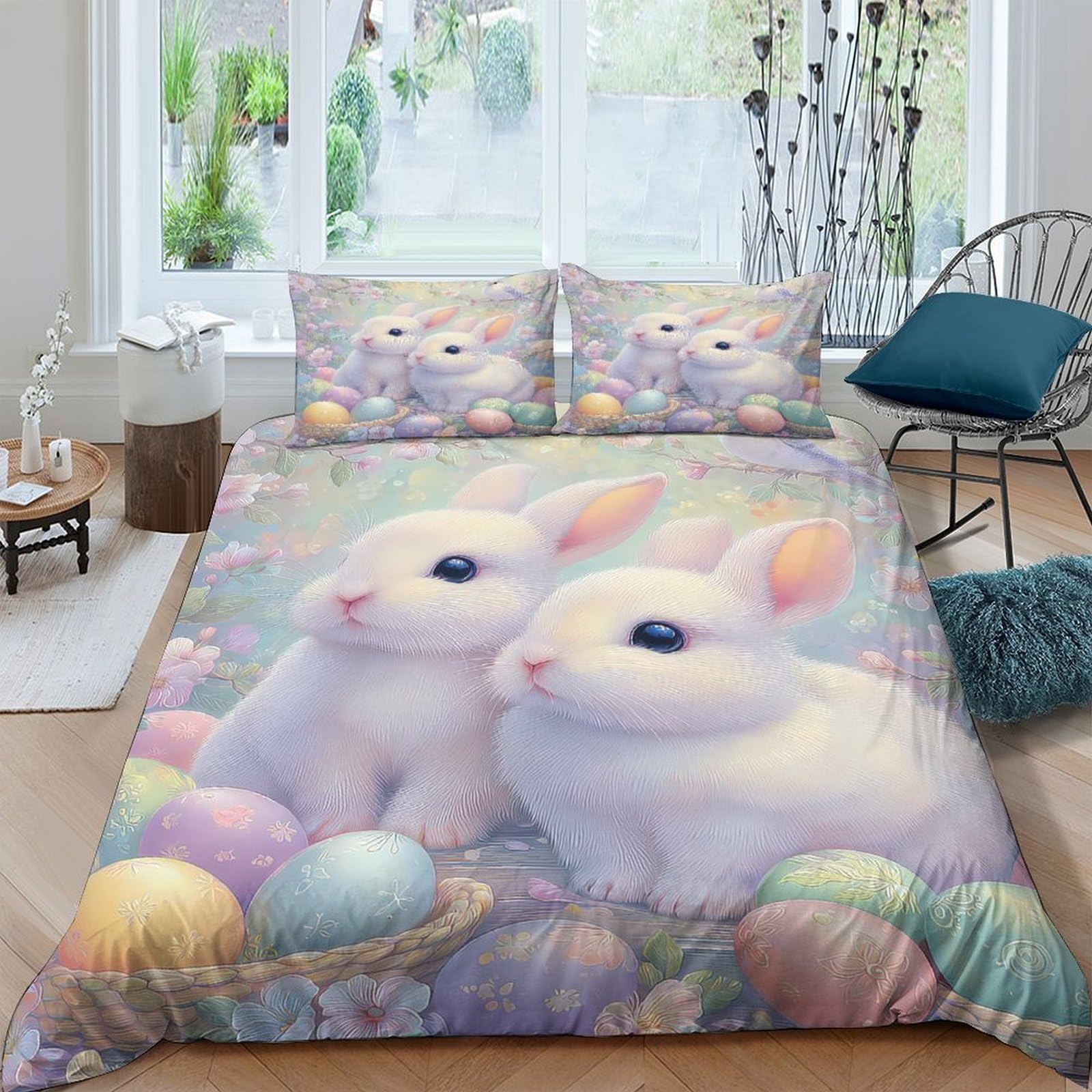 Ctjqhvkz Style-8 3D Printed White Bunny Fitted Sheet Microfiber Pastel Easter Egg Mattress Cover Anti-Slip Bedroom Decor Machine Washable Single（135X200cm）