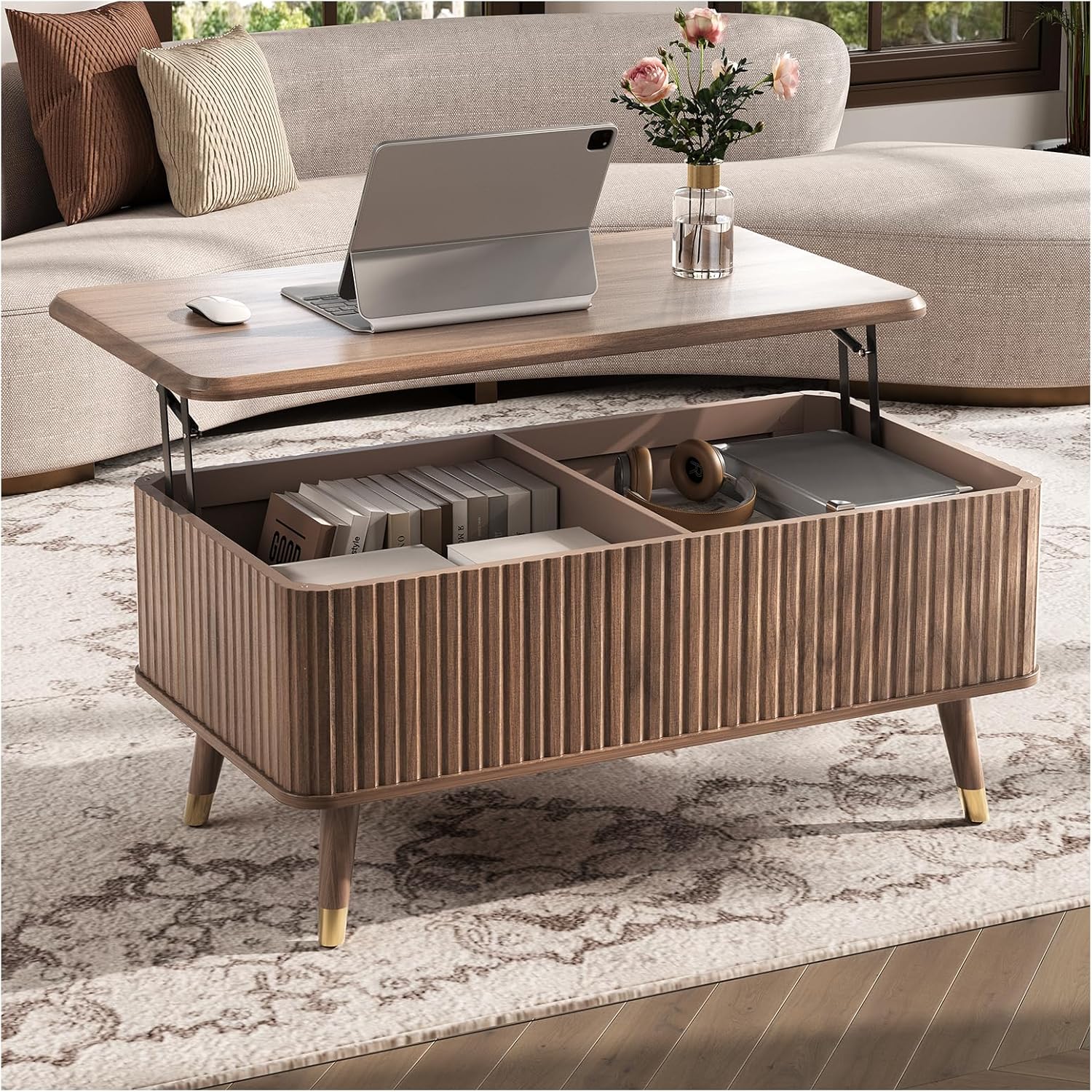 SULIVES Lift Top Coffee Table with Storage,Fluted Coffee Table with Lifting Top,Mid Century Modern Center Table with Solid Wood Legs,Small Coffee Tables for Living Room,Walnut